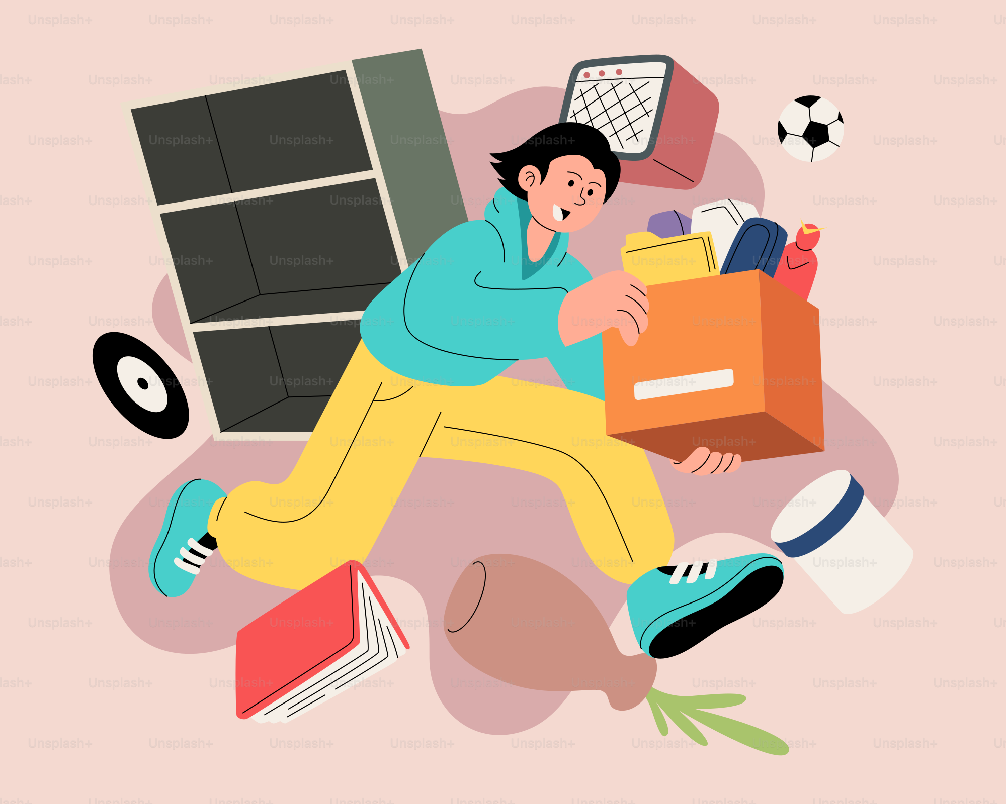 A man is running with a lot of items around him