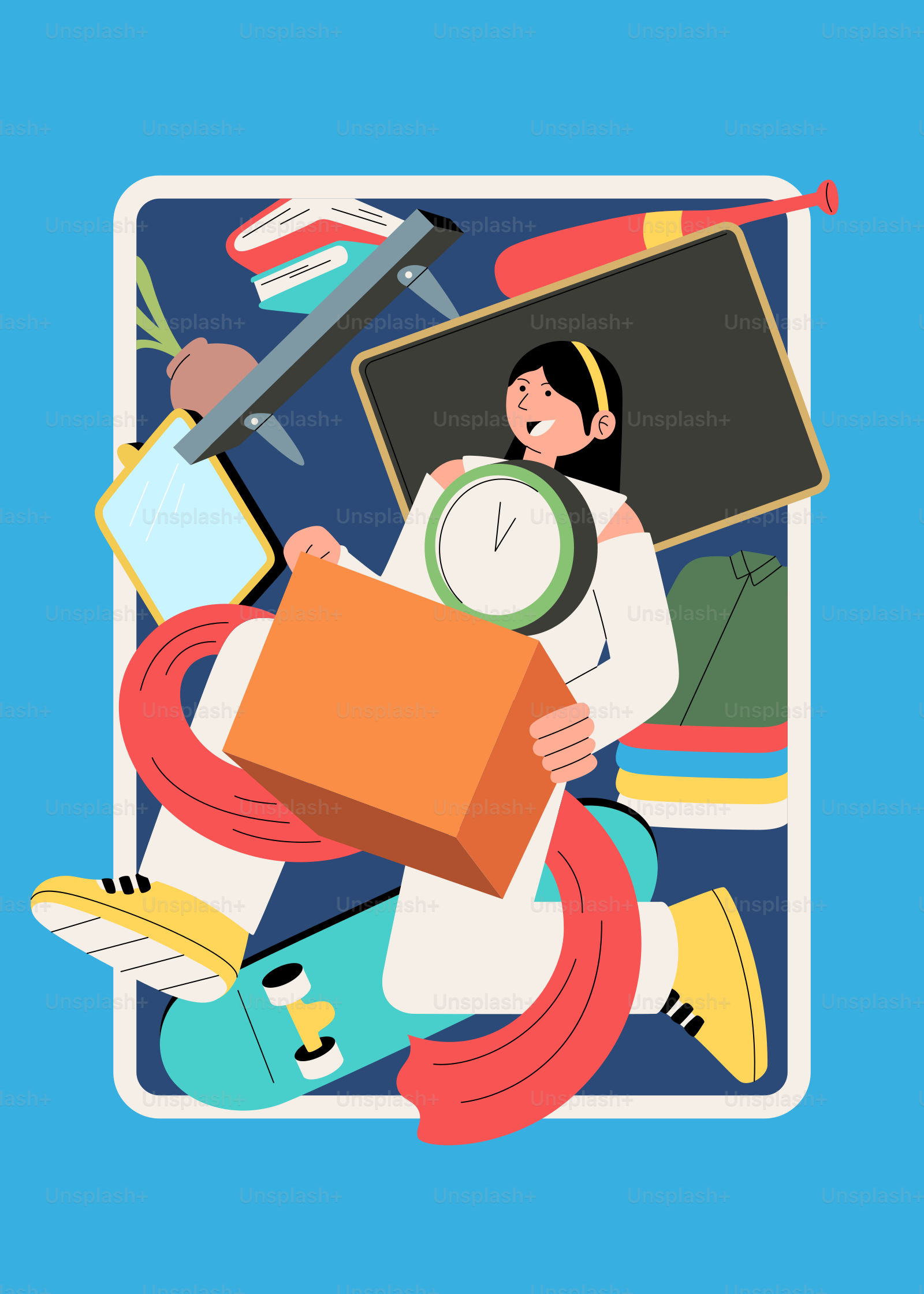 A person holding a box and a clock