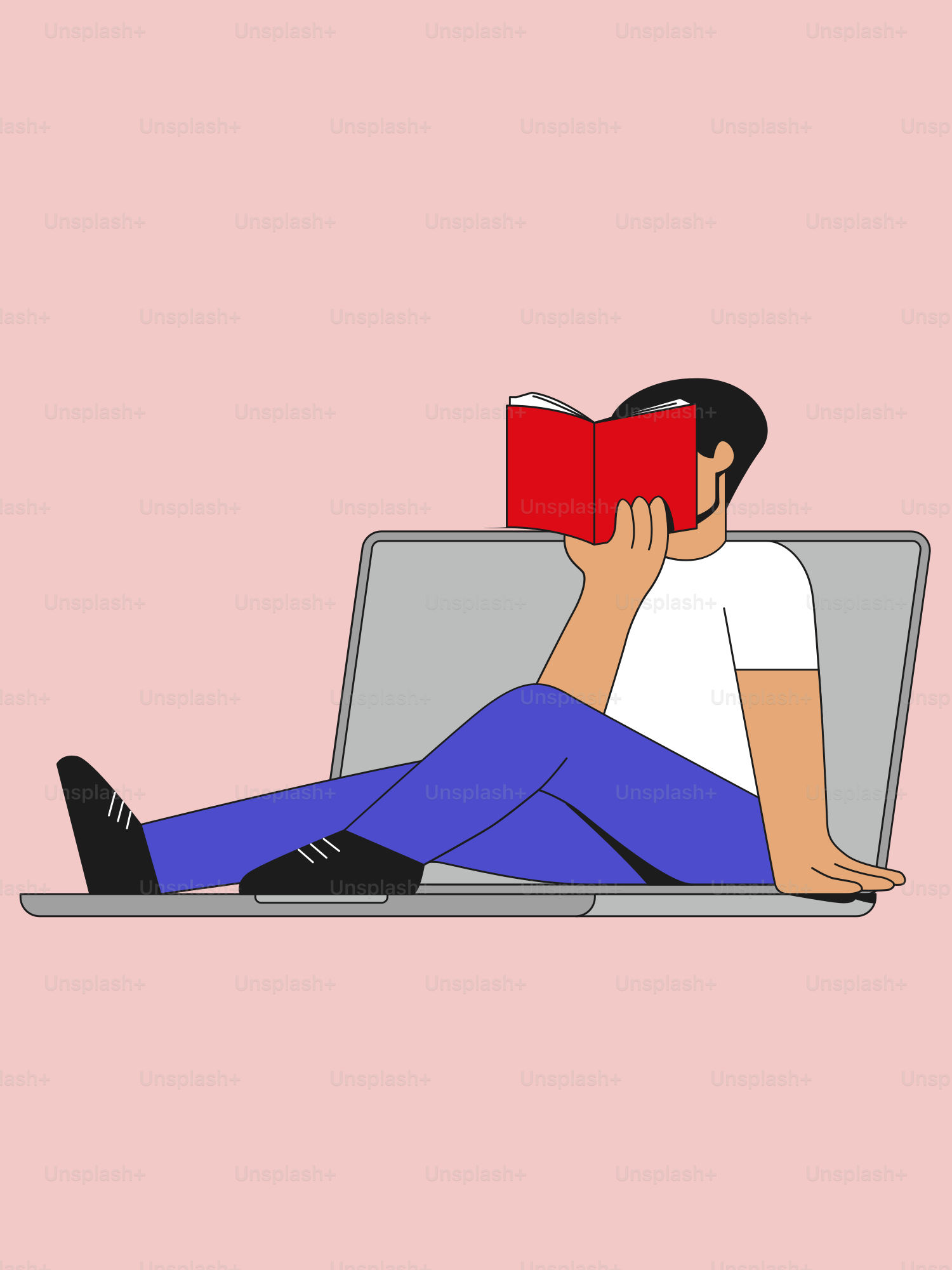 Eine Person, die auf einem Laptop liegt und ein Buch liest