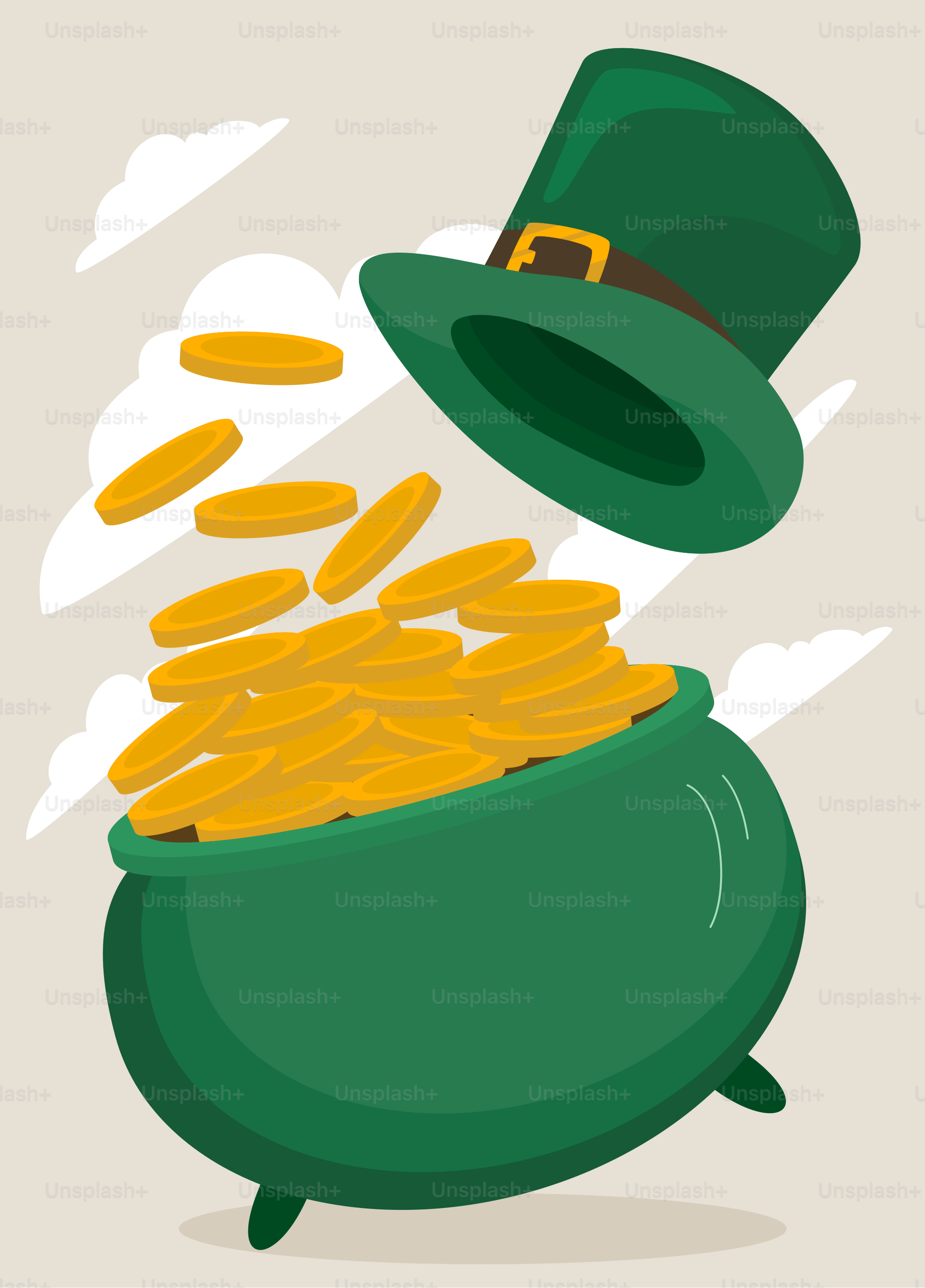 A lepreite pot with gold coins coming out of it