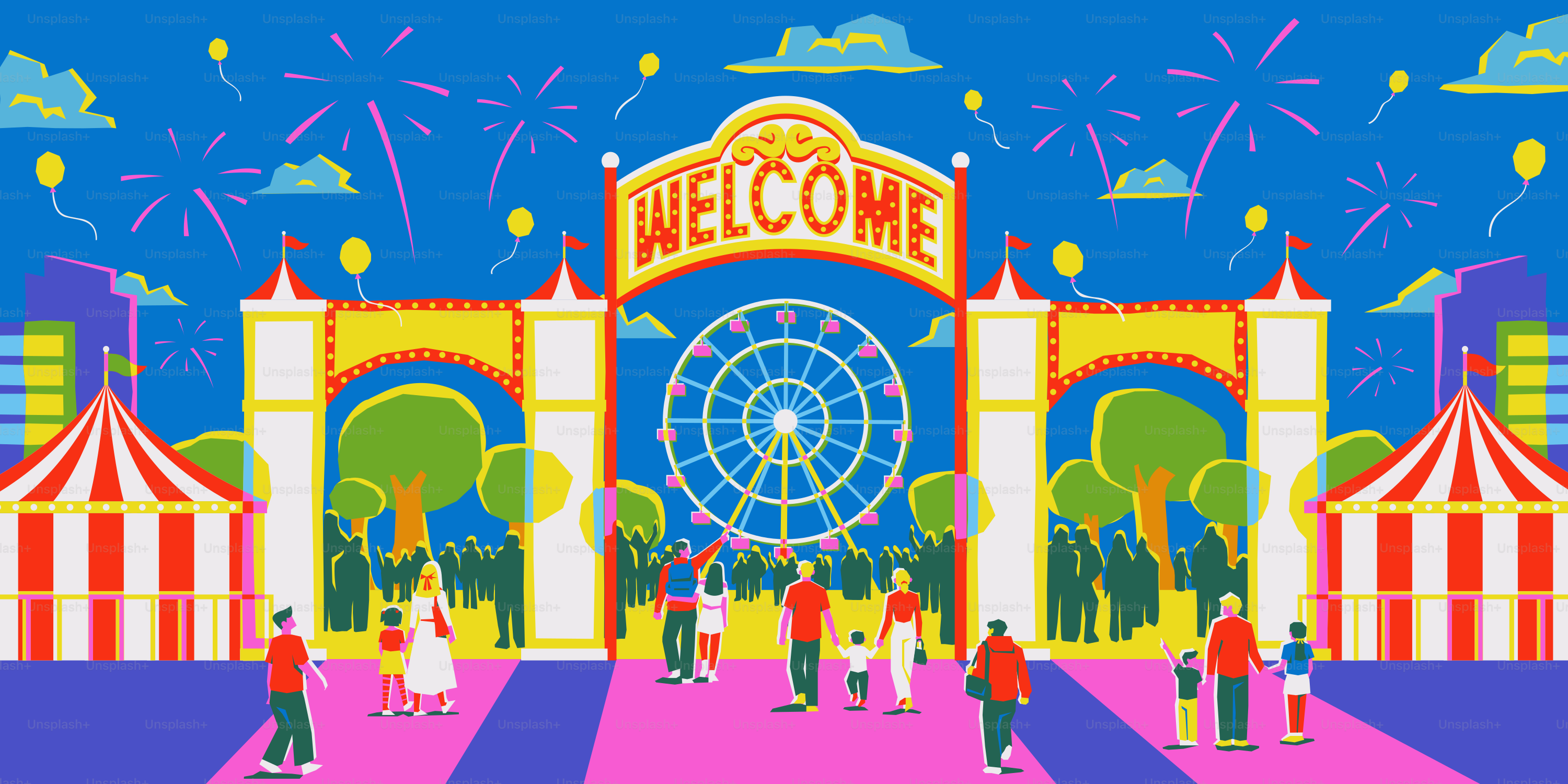 A carnival entrance with people walking around it