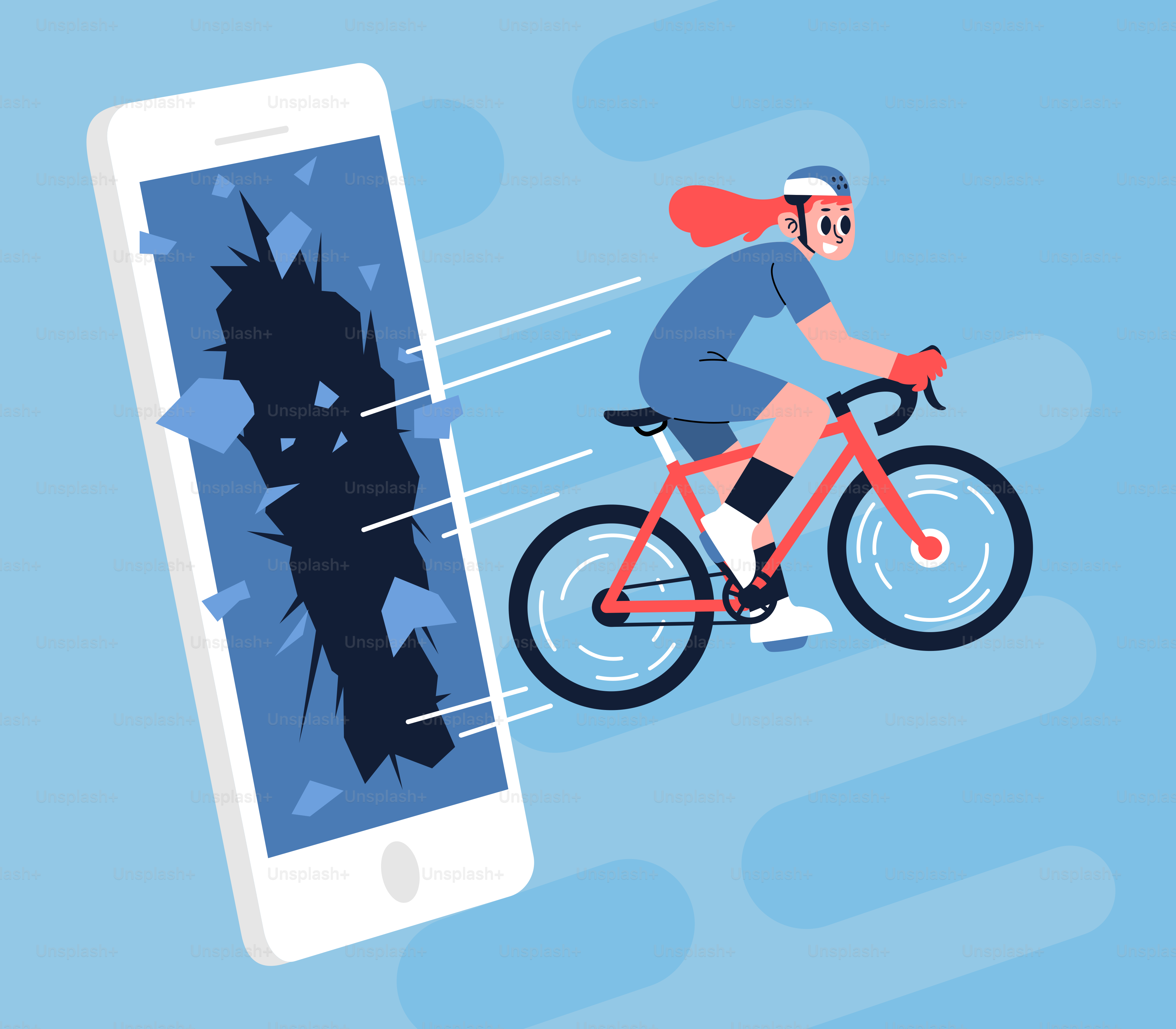 A man riding a bike next to a cell phone