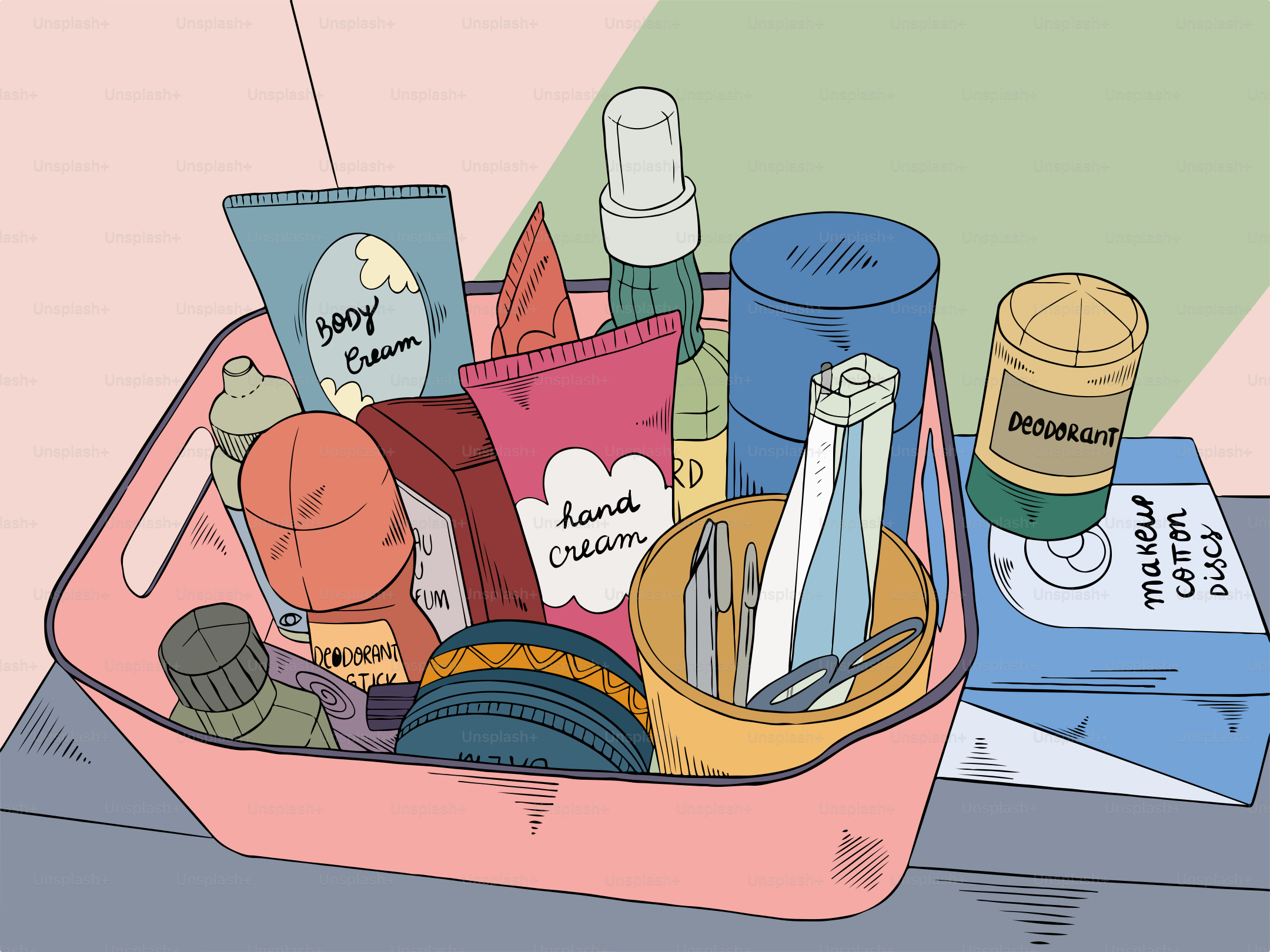 A pink container filled with lots of different items