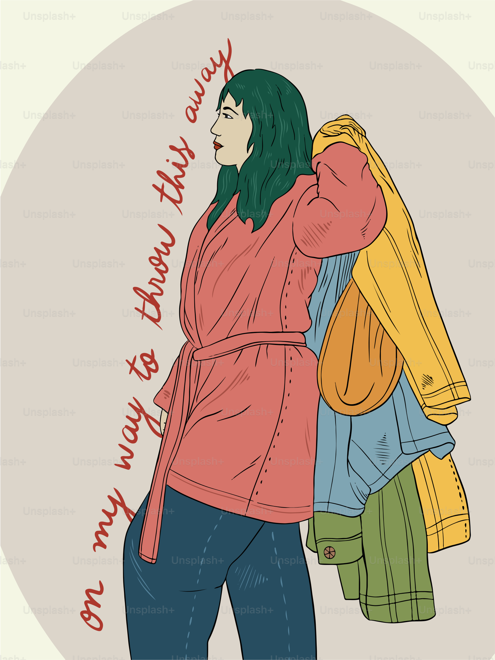 A drawing of a woman carrying a bunch of clothes