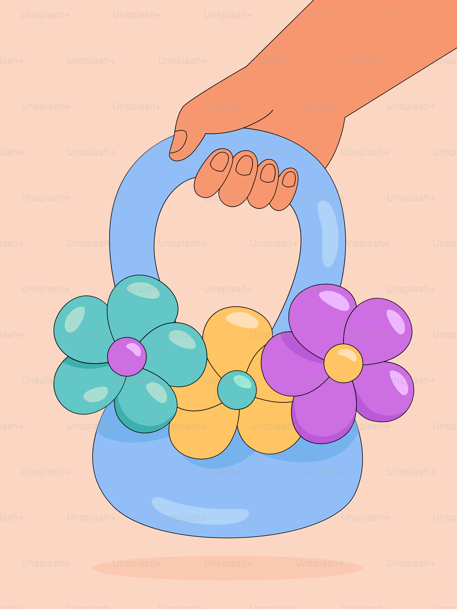 A hand holding a blue basket with flowers on it