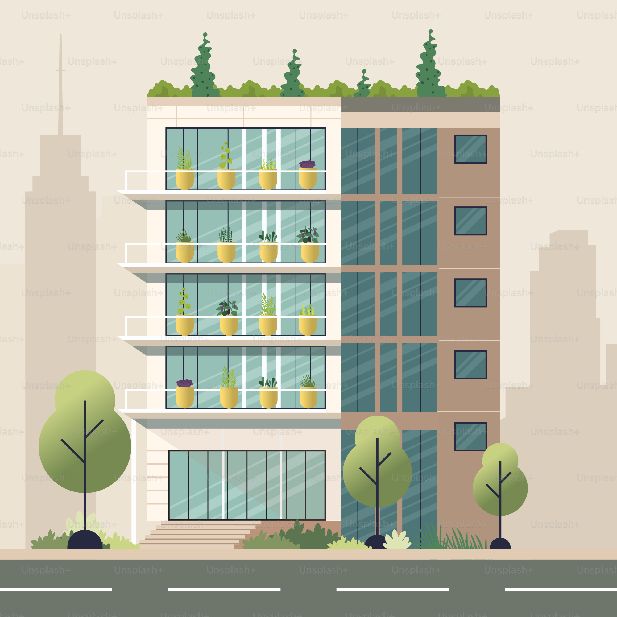 Ein hohes Gebäude mit vielen Fenstern darauf