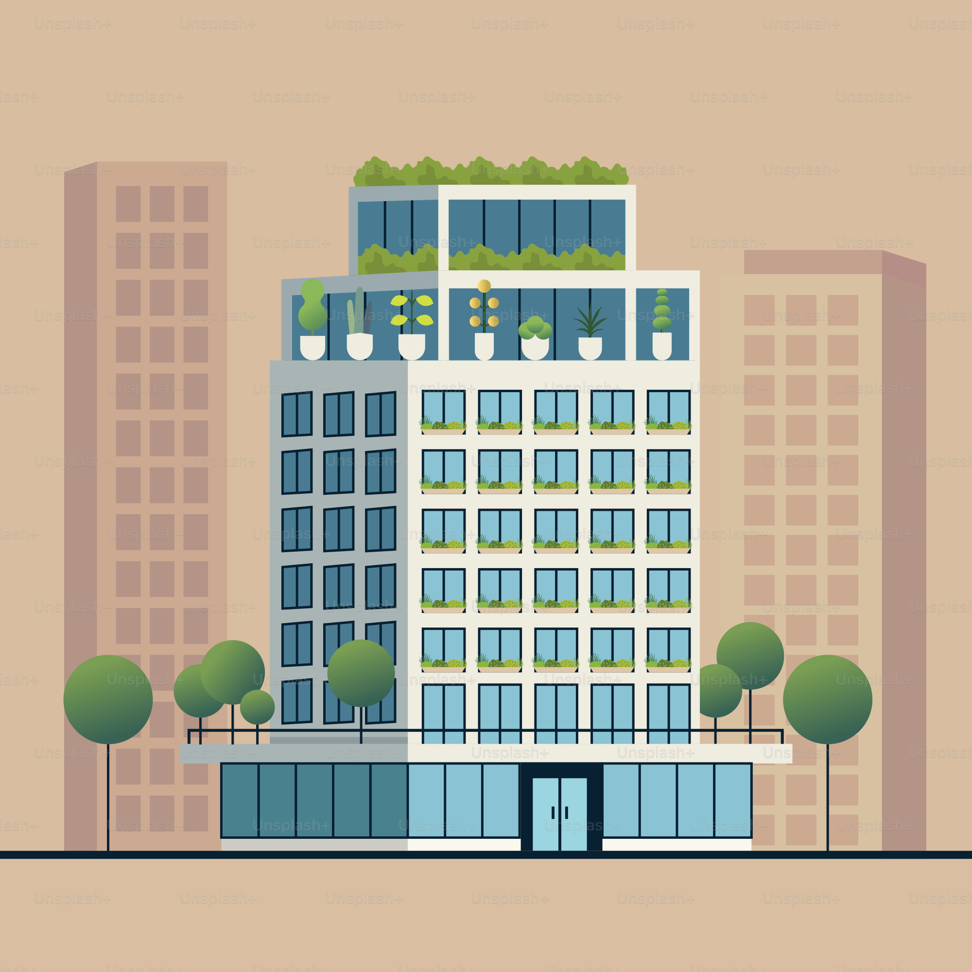 A tall building with trees on top of it