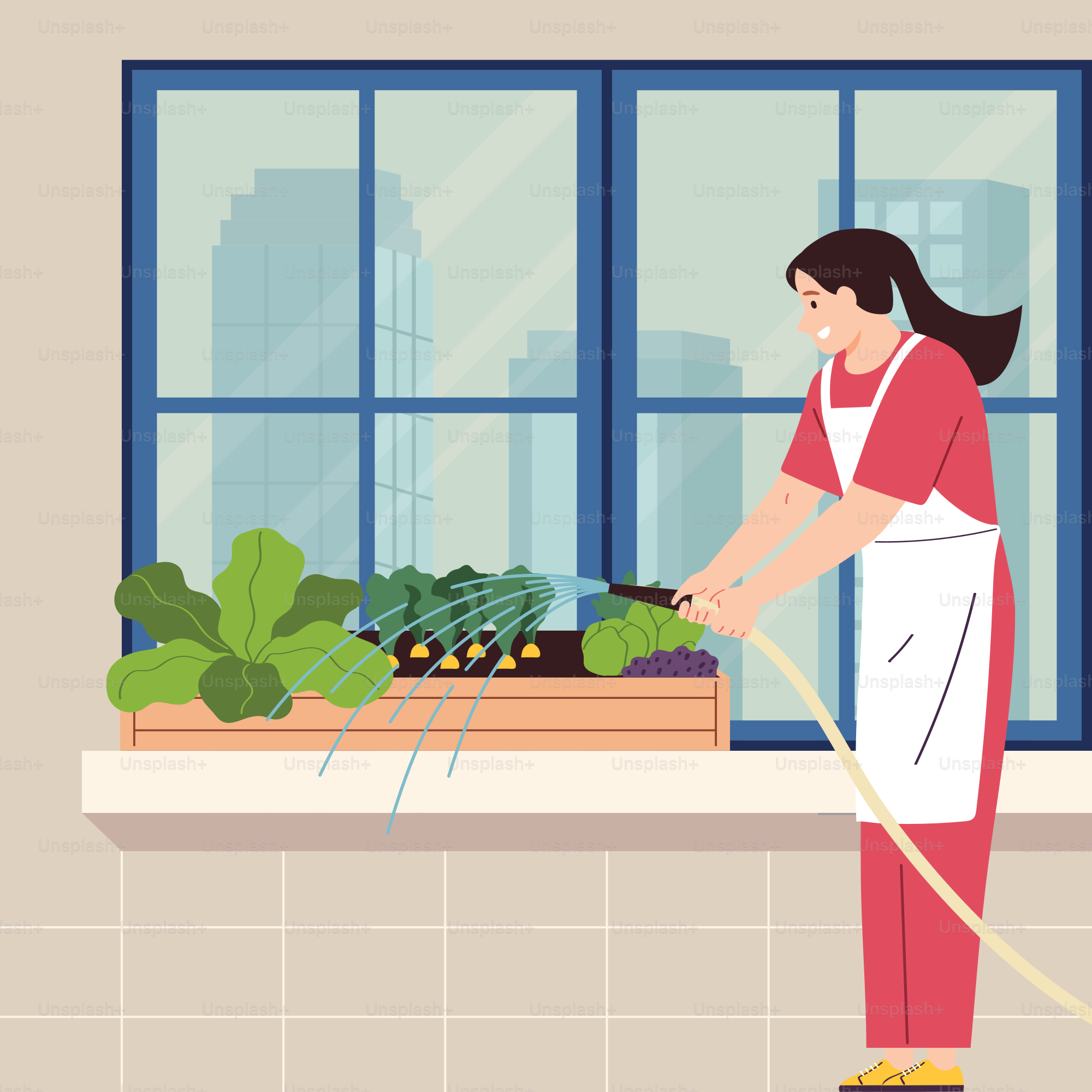 A woman washing a window with a hose