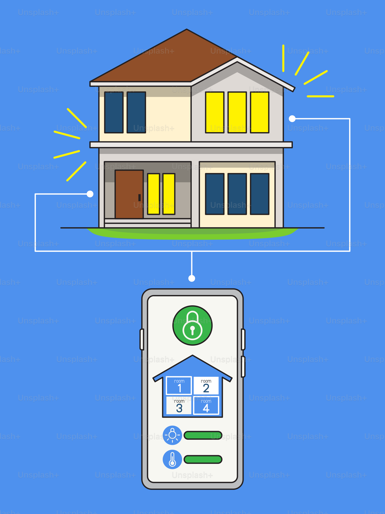A diagram of a house and a smart phone
