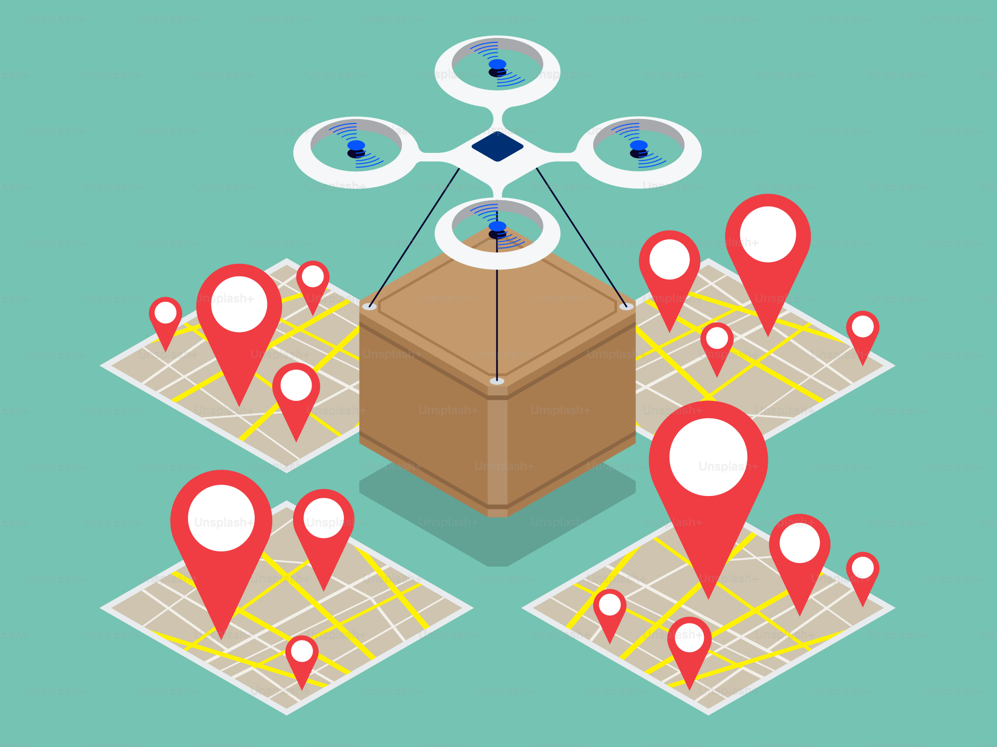 A map with a box and a bunch of pins