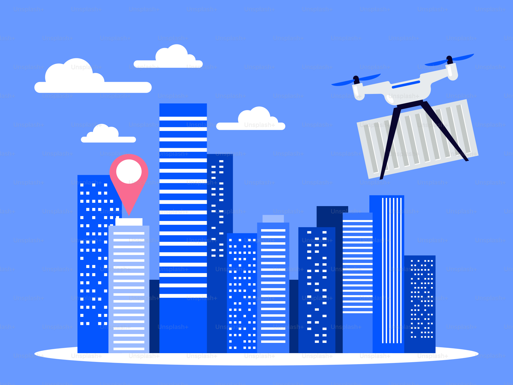 Eine Stadt, über der ein Hubschrauber fliegt