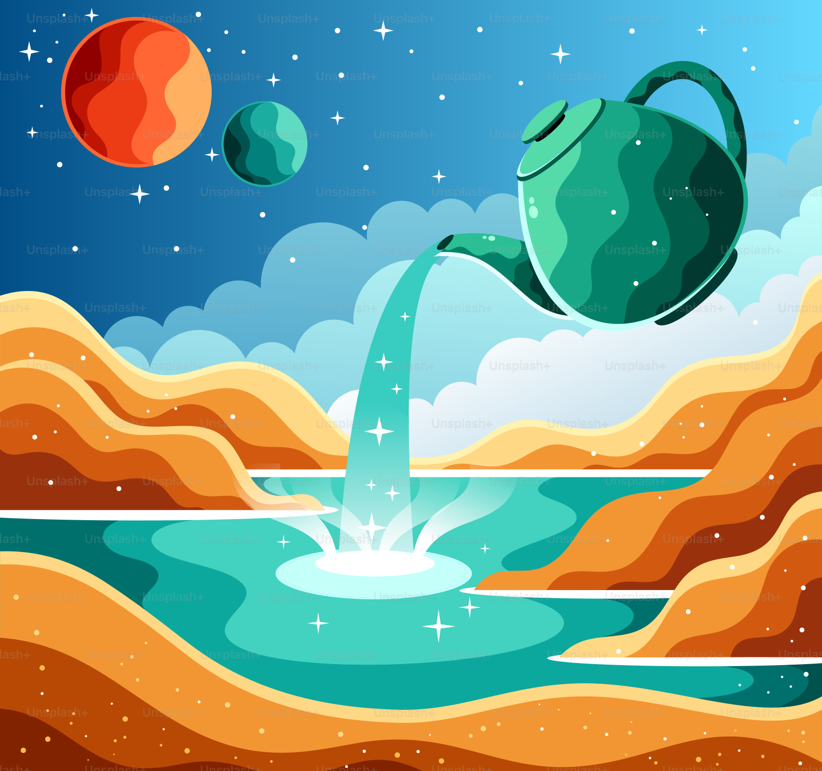 Um bule de chá verde despejando água em um lago