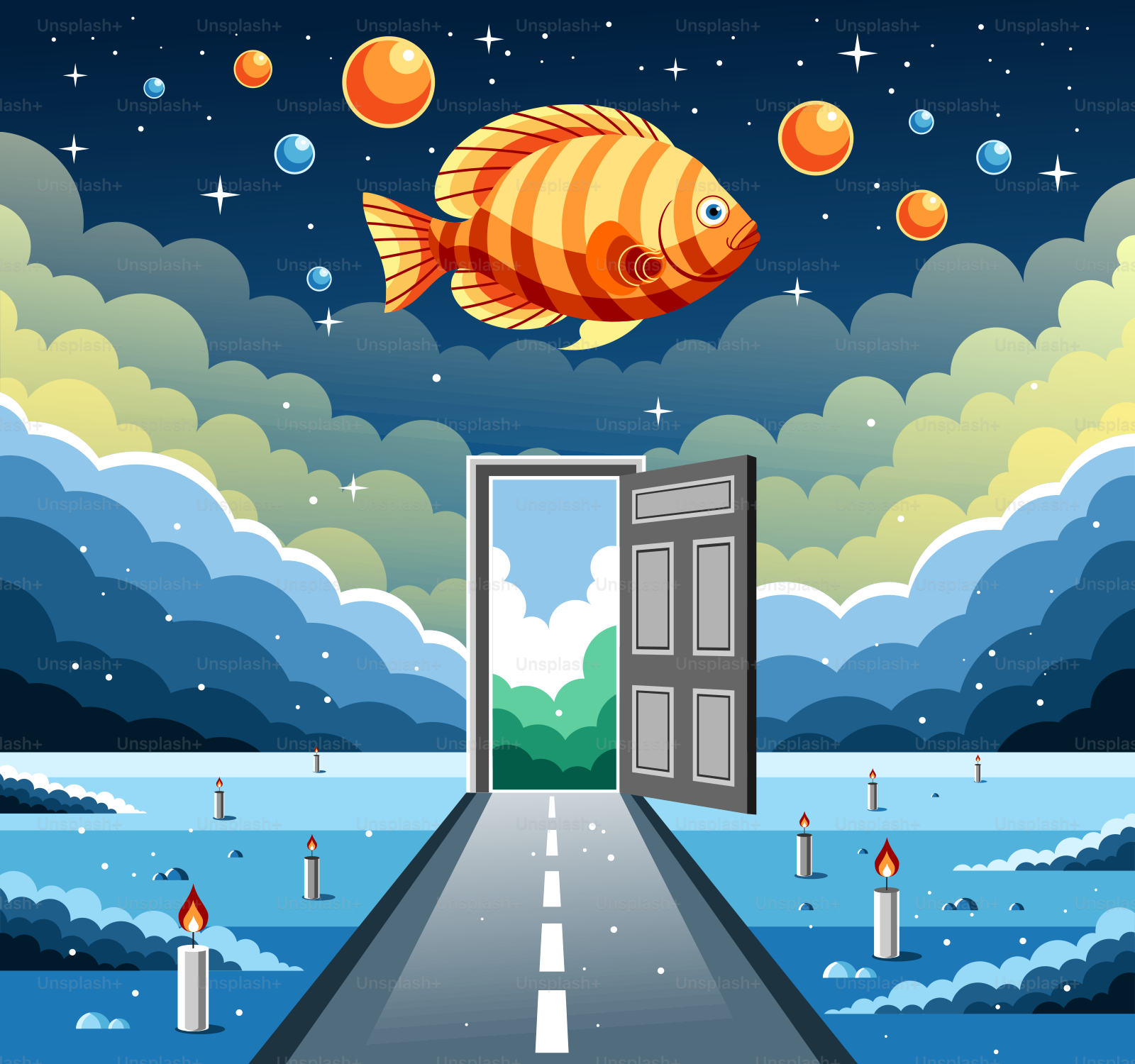 An open door leading to a fish in the ocean