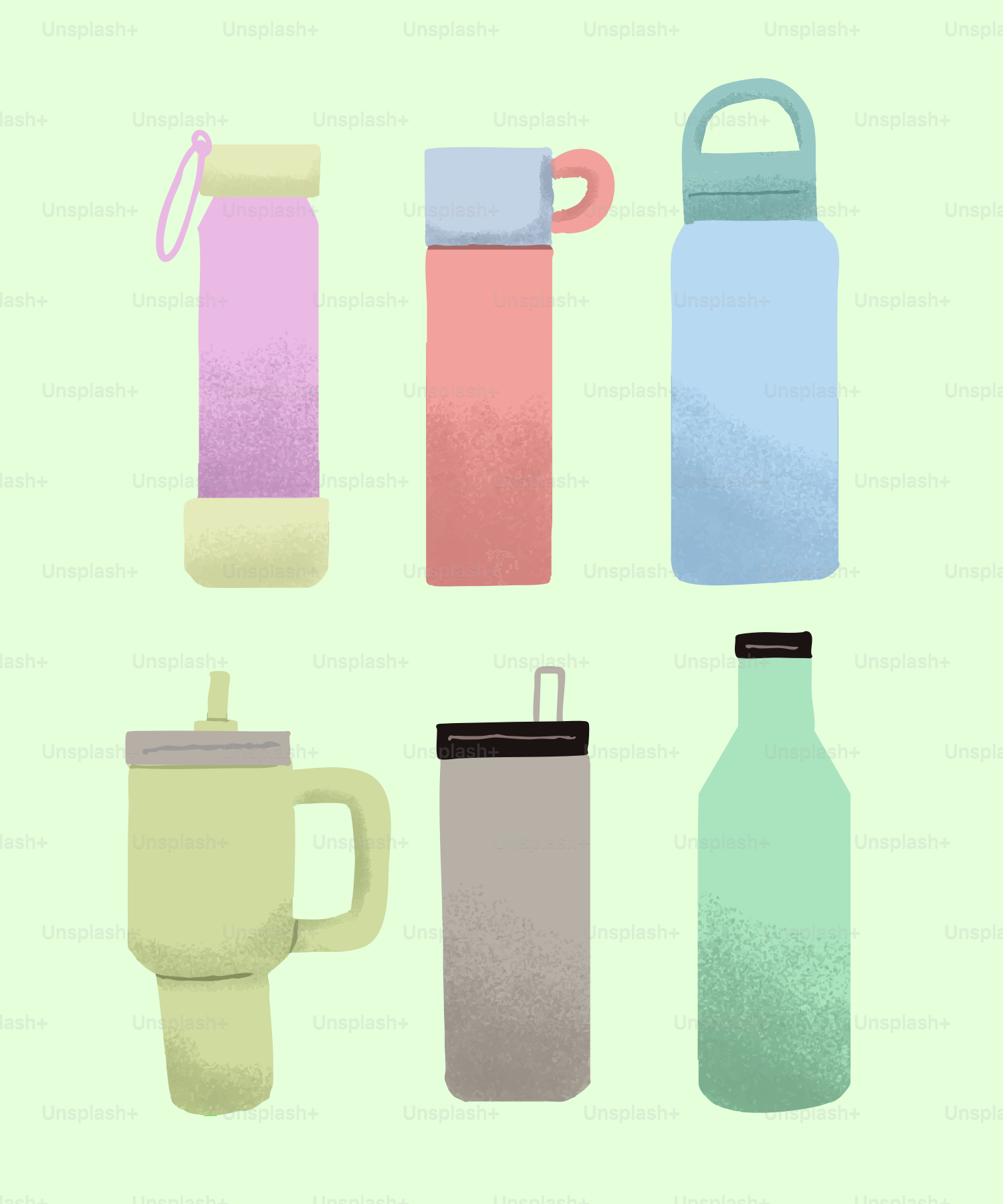 A group of different types of water bottles