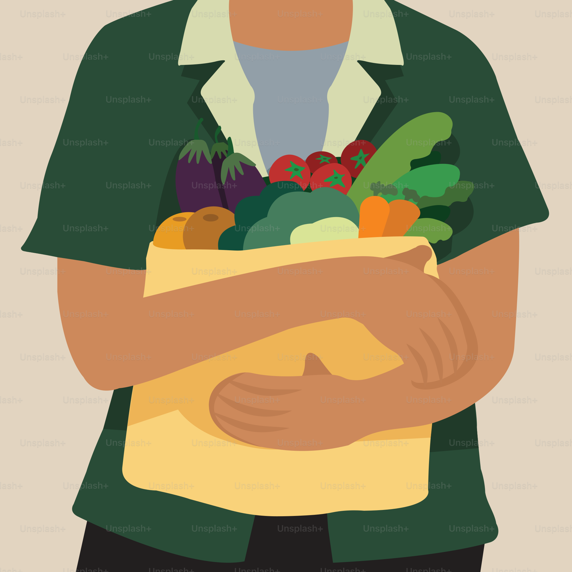A man is holding a bag full of fruits and vegetables