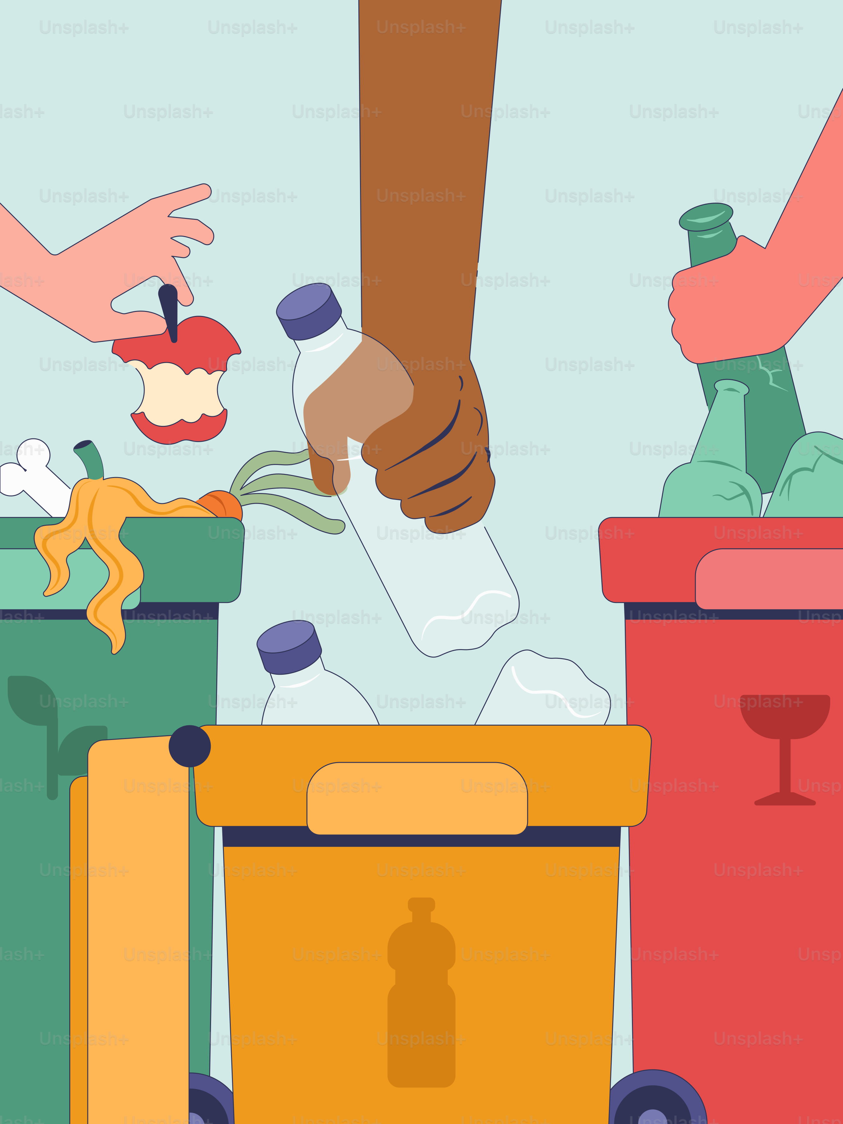 A person putting a plastic bottle into a trash can