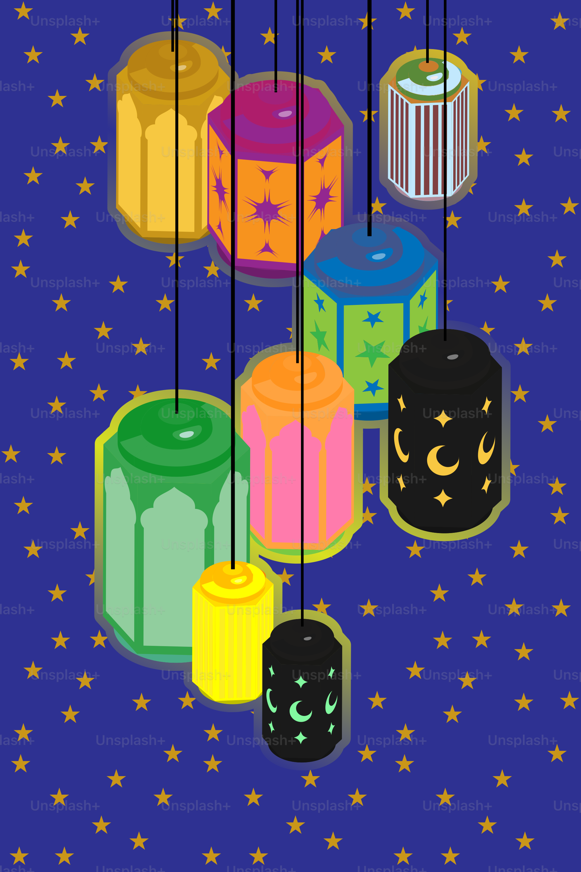 Un montón de objetos de diferentes colores colgando de cuerdas