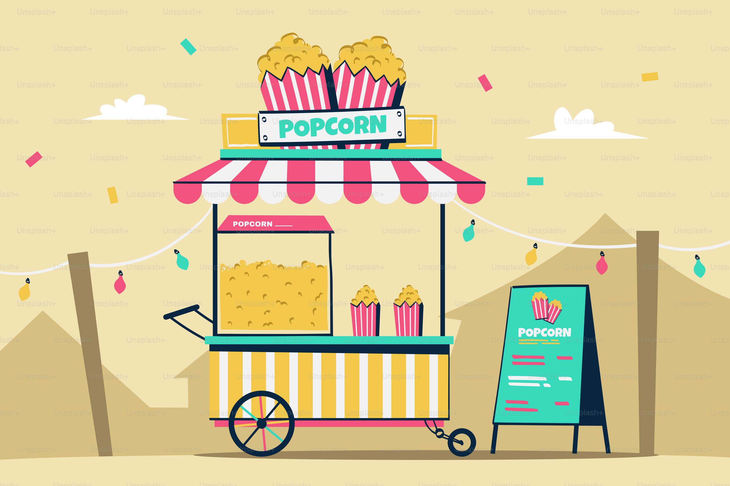 An illustration of a popcorn cart with popcorn