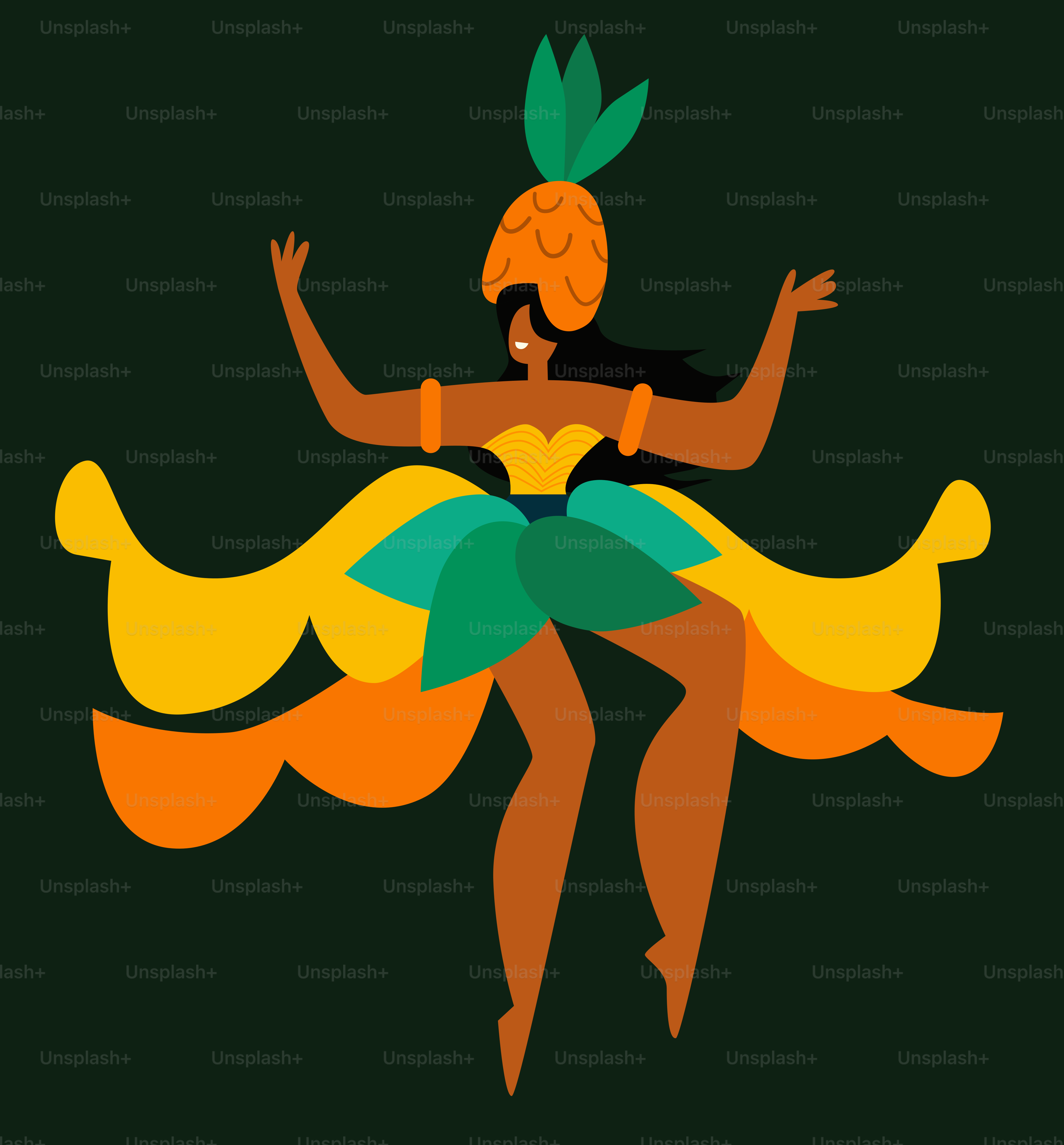 A woman in a dress with a pineapple on her head