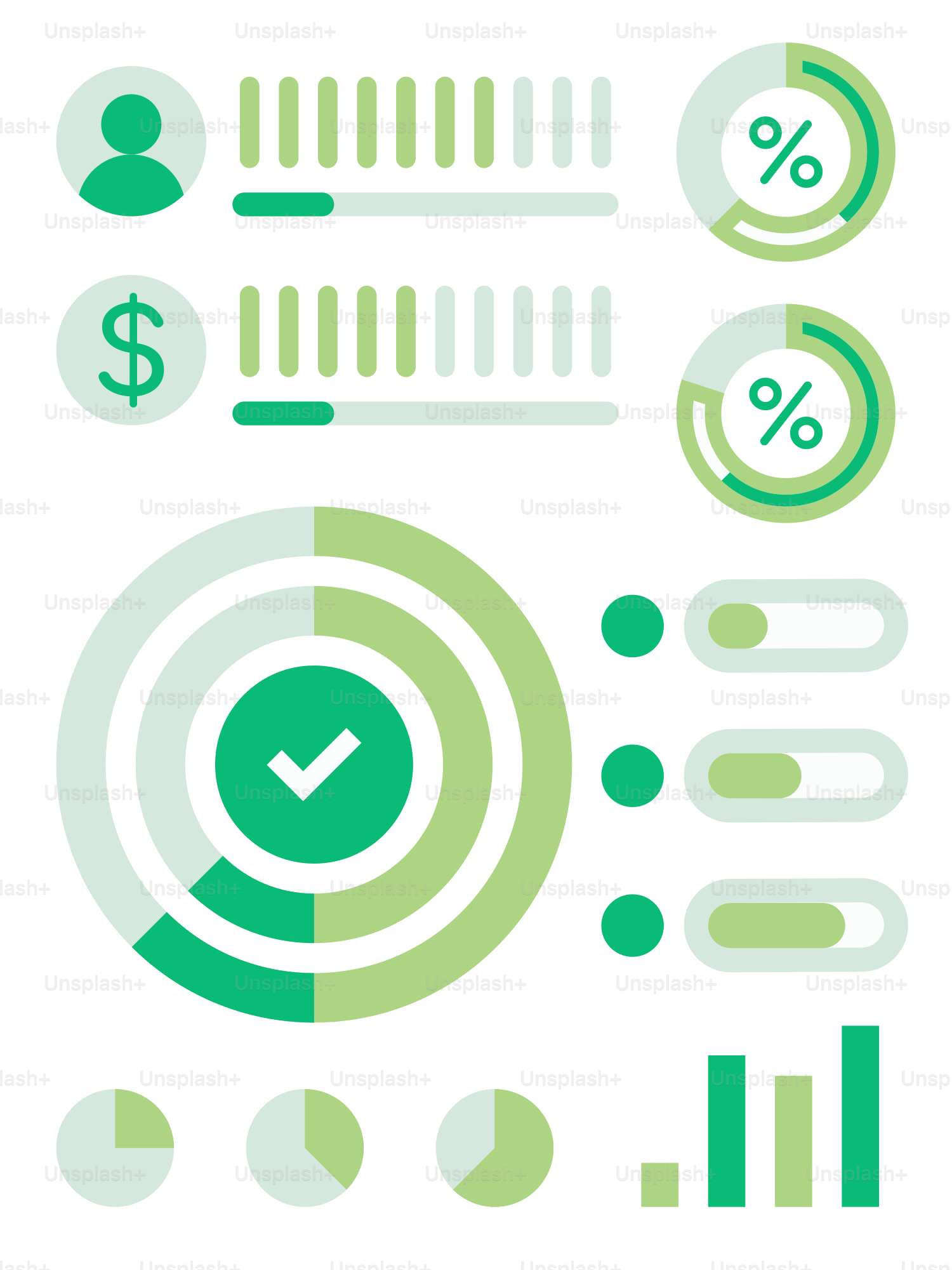 A white background with green and white circles