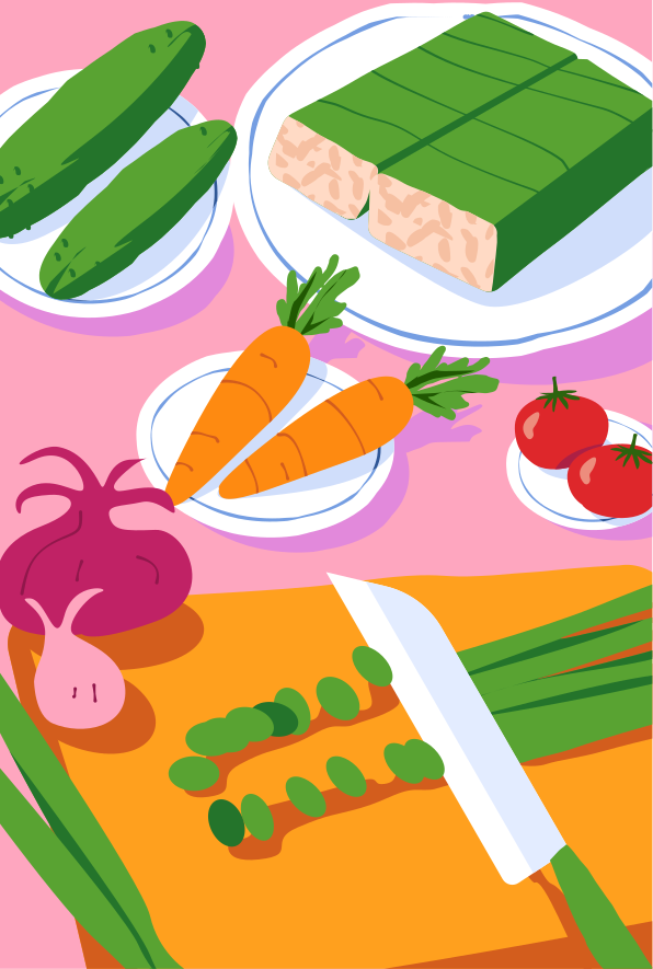 A table topped with plates of food and veggies