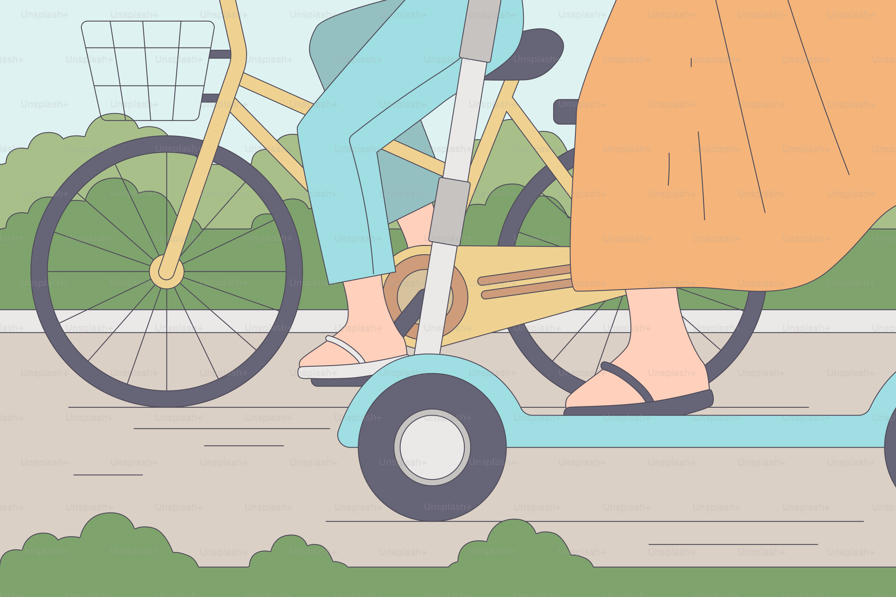 Eine Frau fährt auf einem Roller mit einem Korb auf dem Rücken