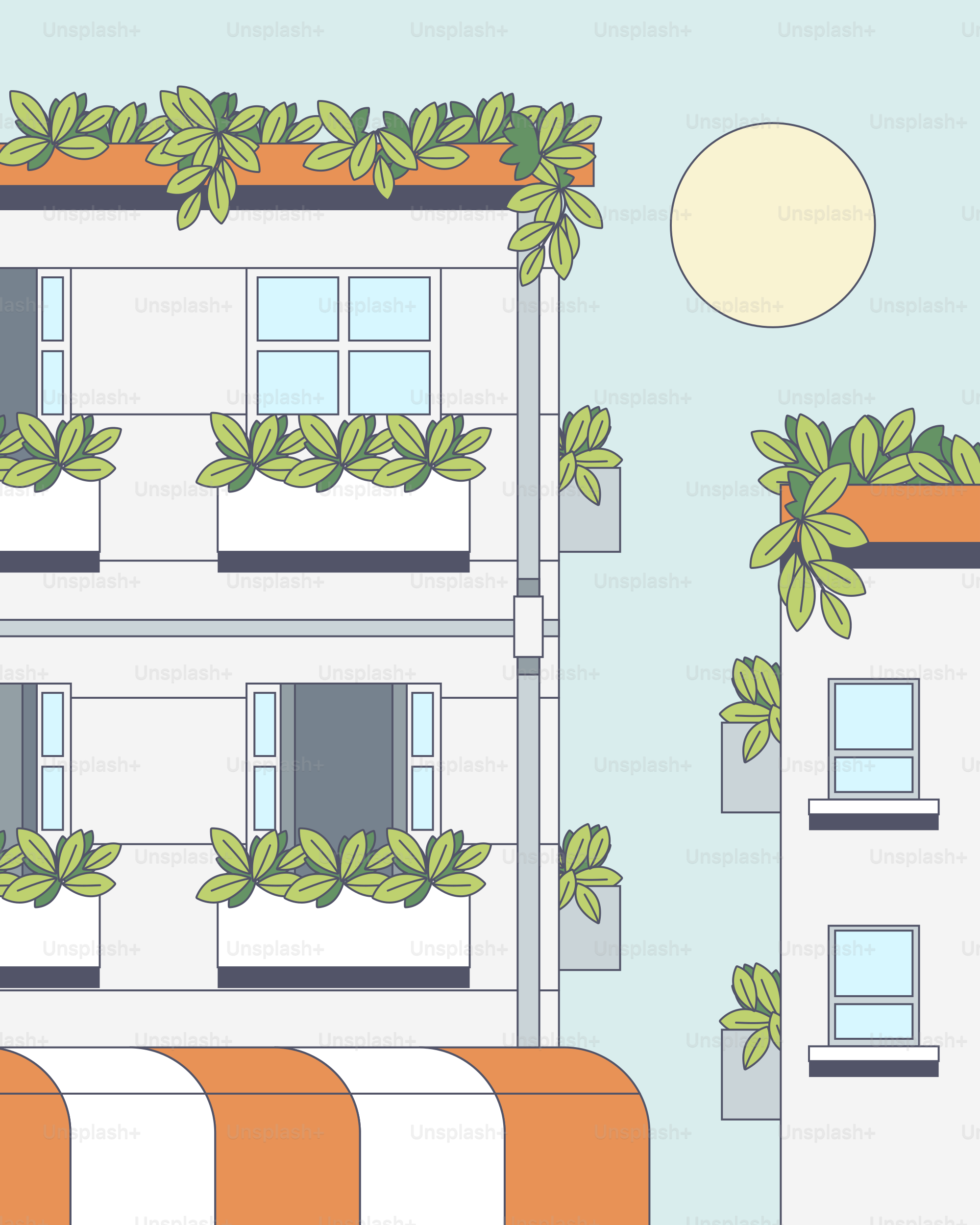 A drawing of a building with plants growing on it