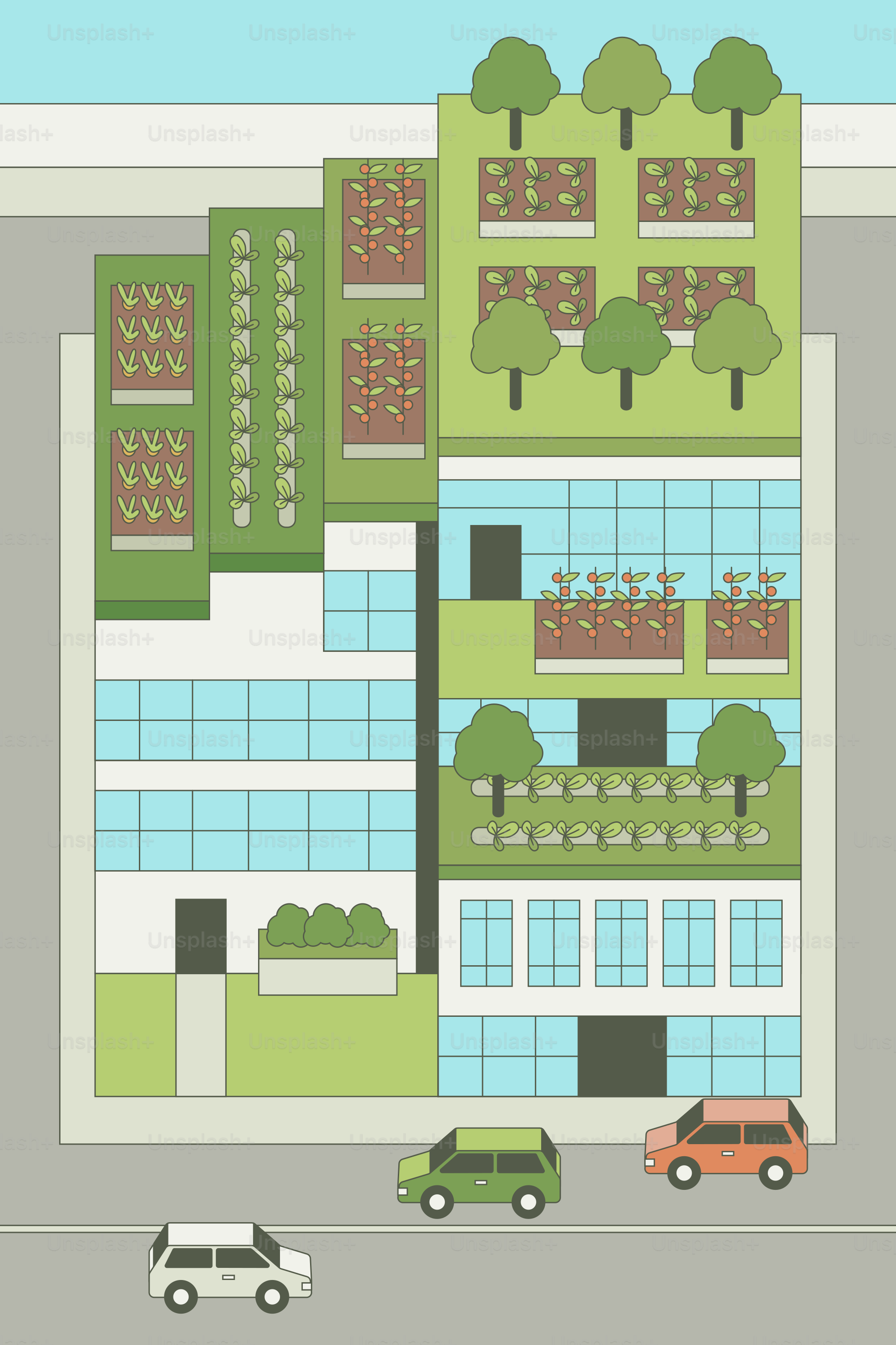 Un dessin d’un bâtiment avec des voitures garées devant