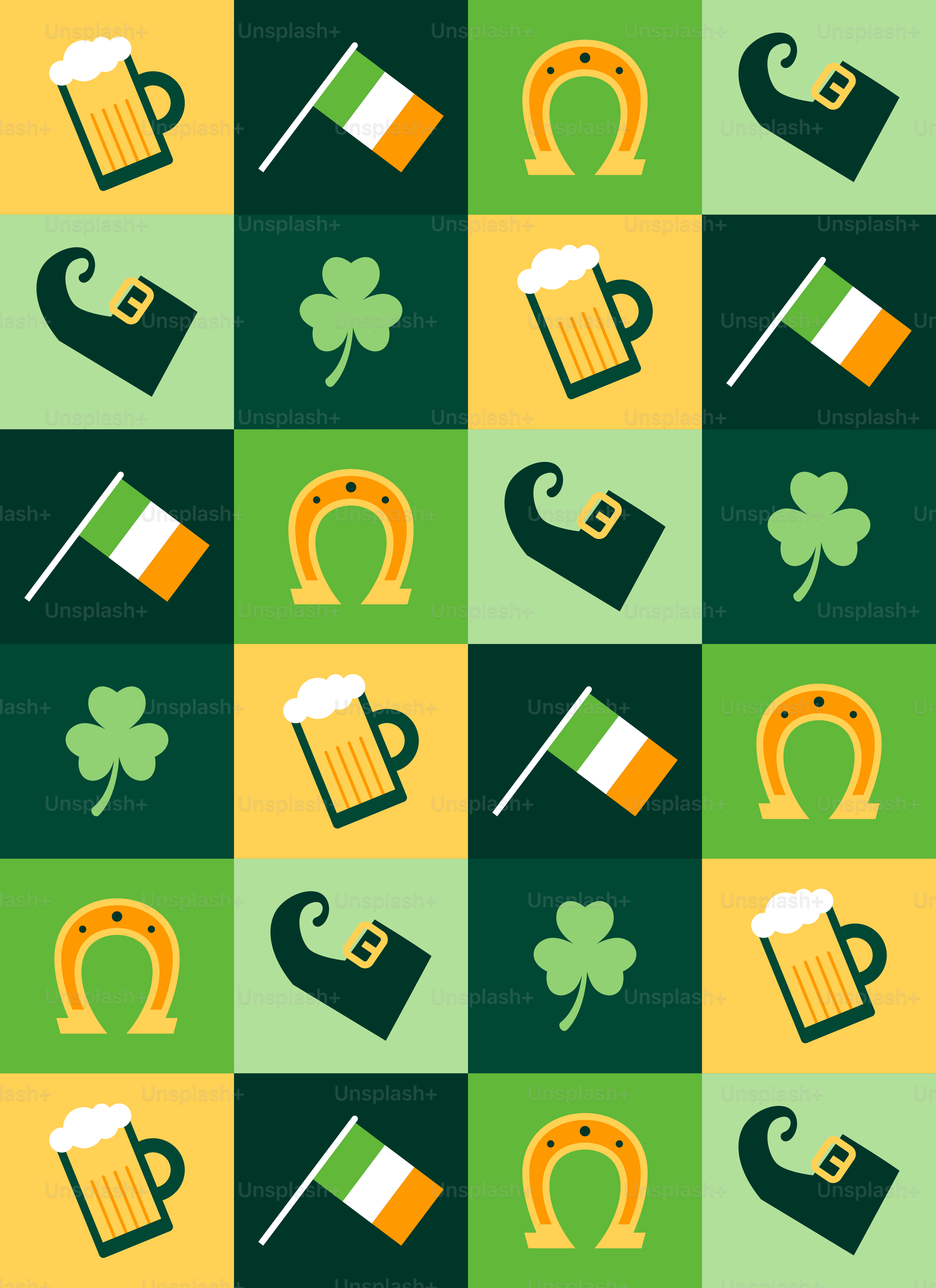 A green and yellow checkered pattern with a mug of beer and a shamrock