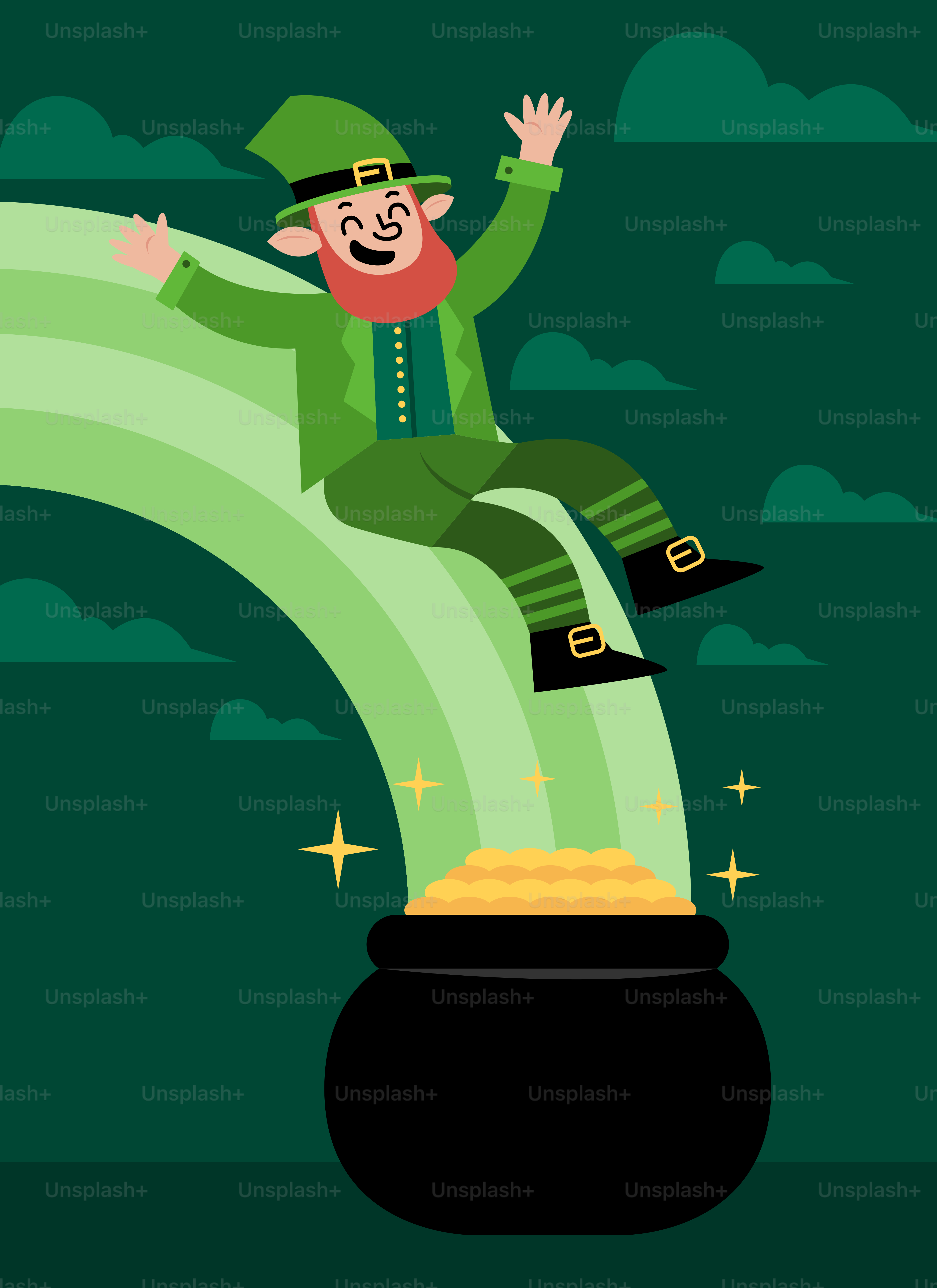 Ein Lepreit sitzt auf einem Topf mit Gold
