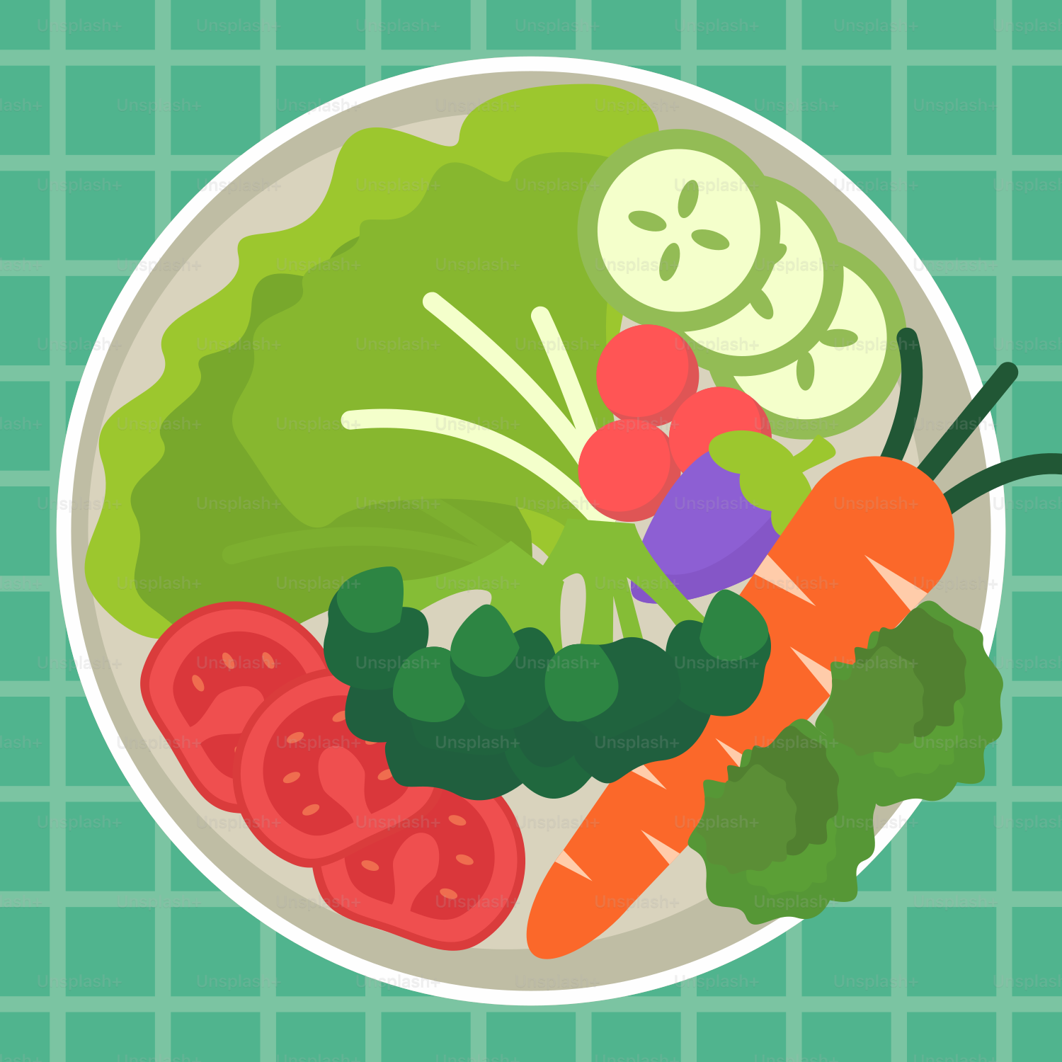 緑色の背景に野菜の皿が乗っている