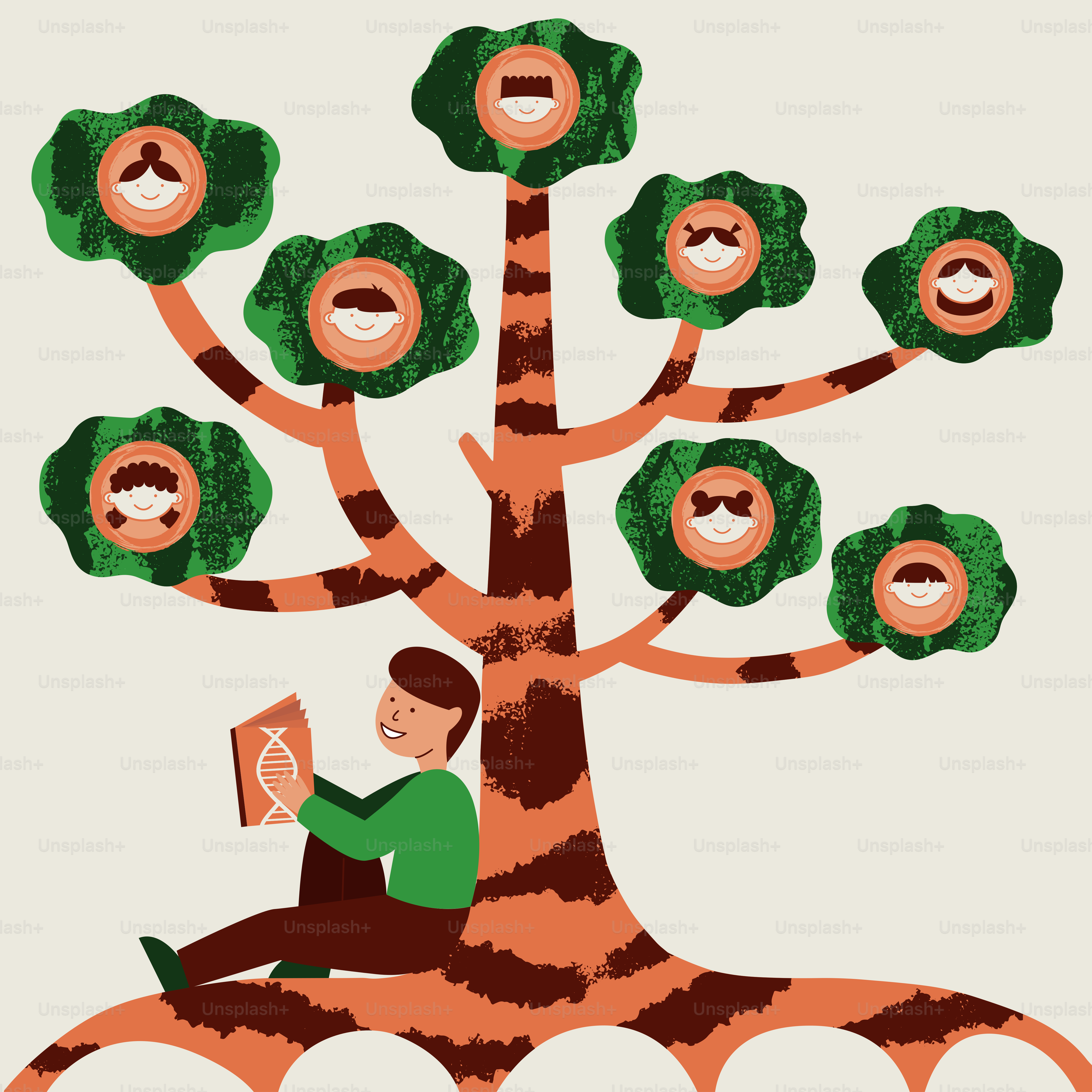 Un hombre sentado en lo alto de un árbol con muchos rostros