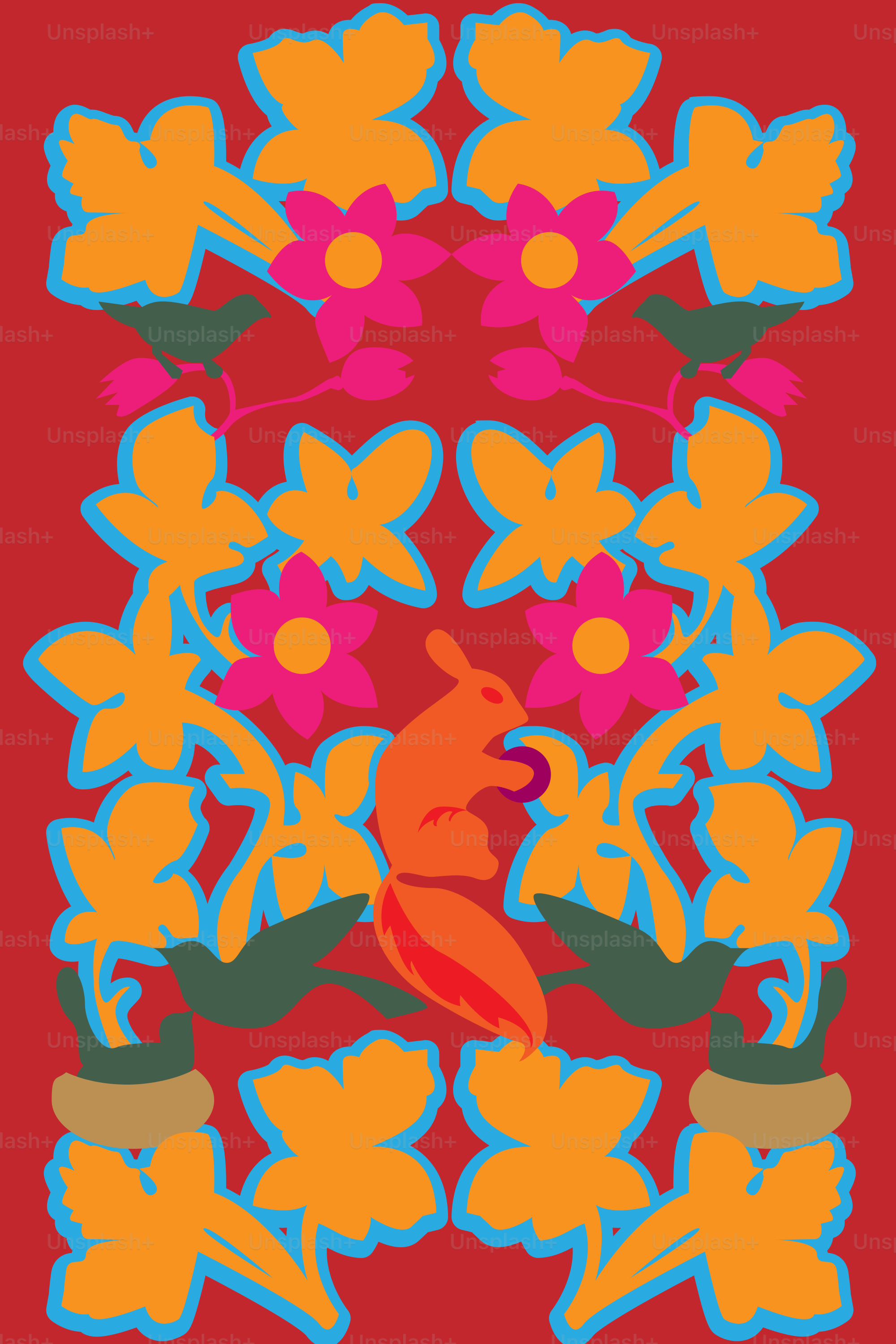 A picture of a red background with flowers and leaves