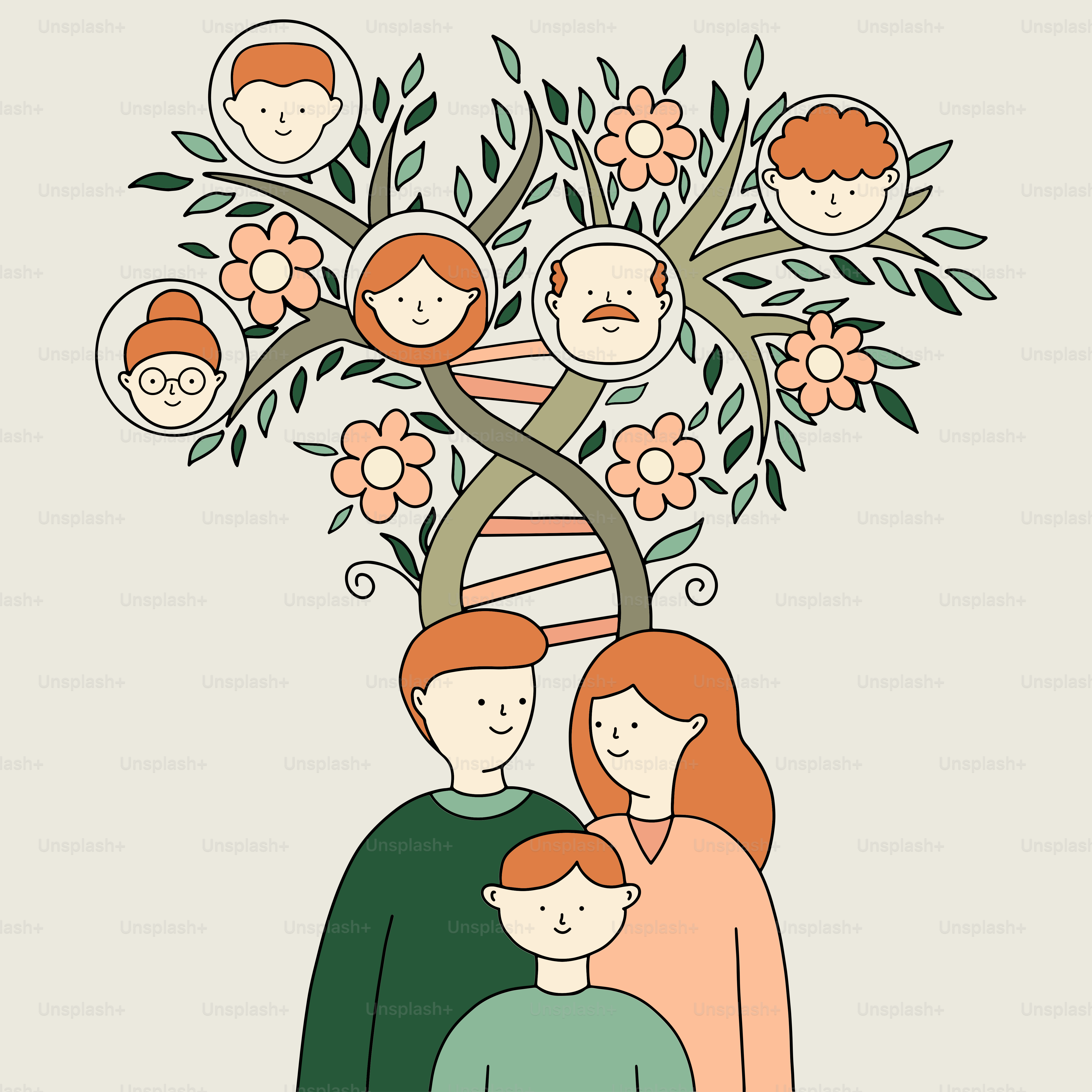 Eine vierköpfige Familie unter einem Baum mit Blumen