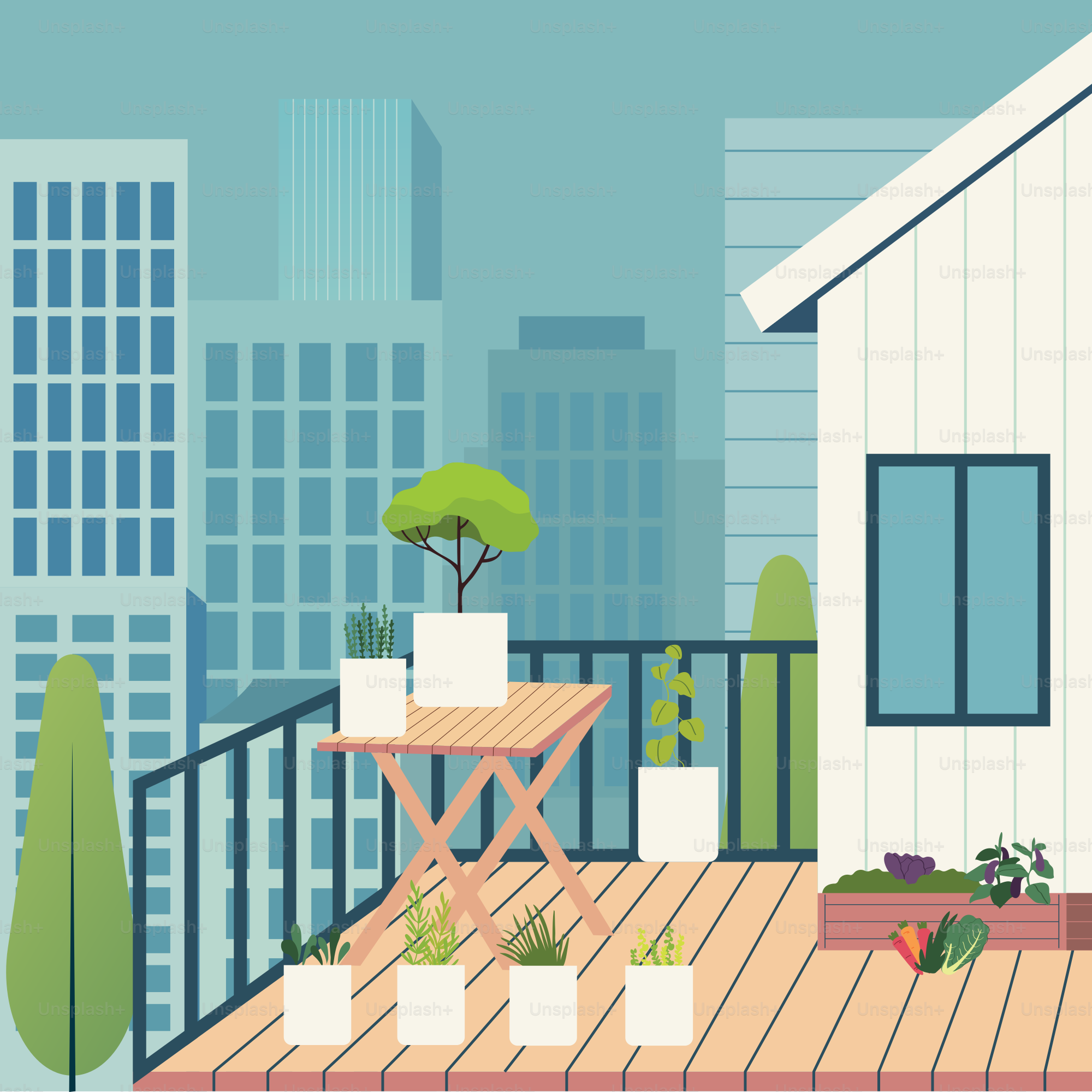 A balcony with a table and chairs on it