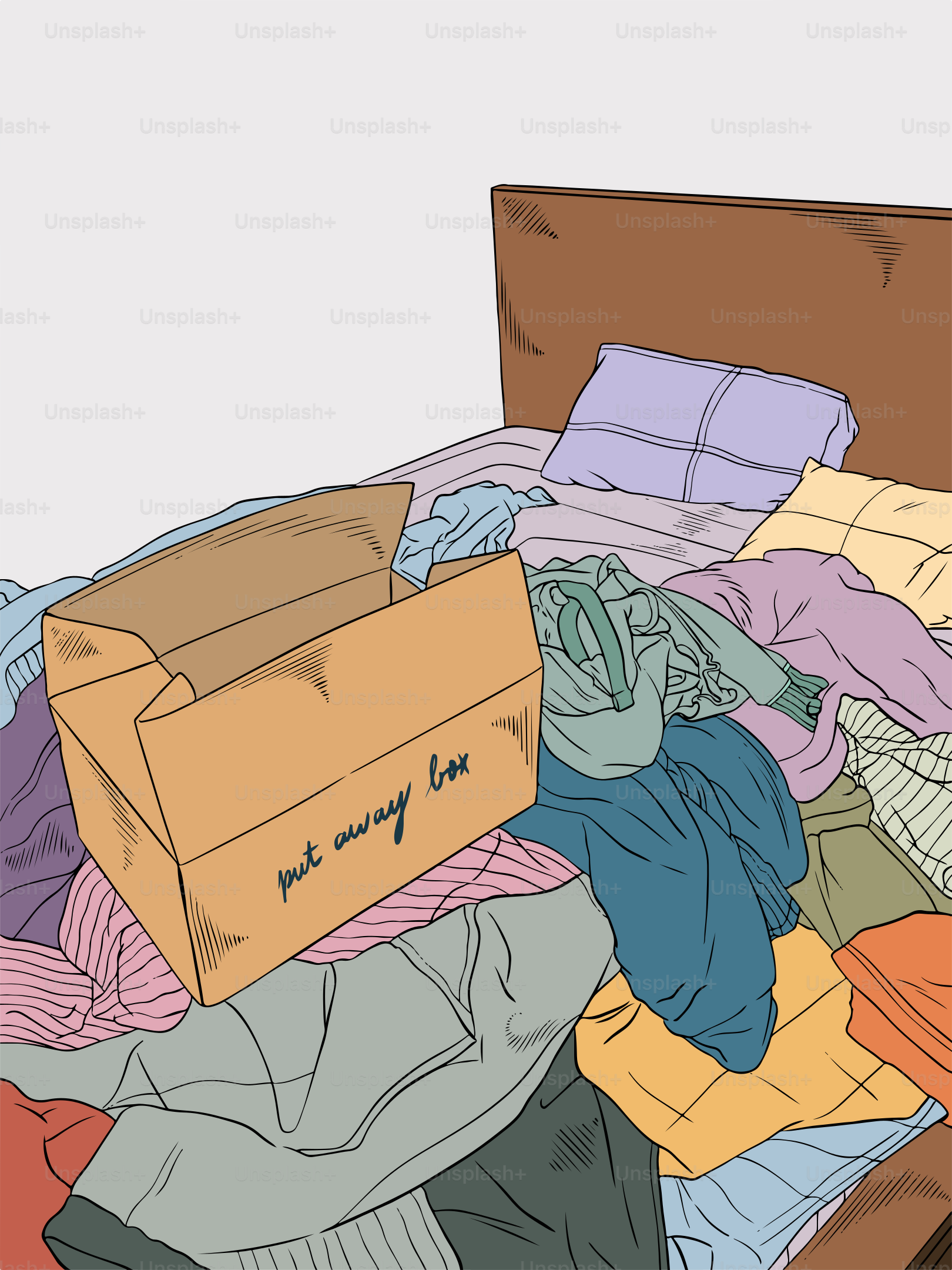 A pile of clothes sitting on top of a bed