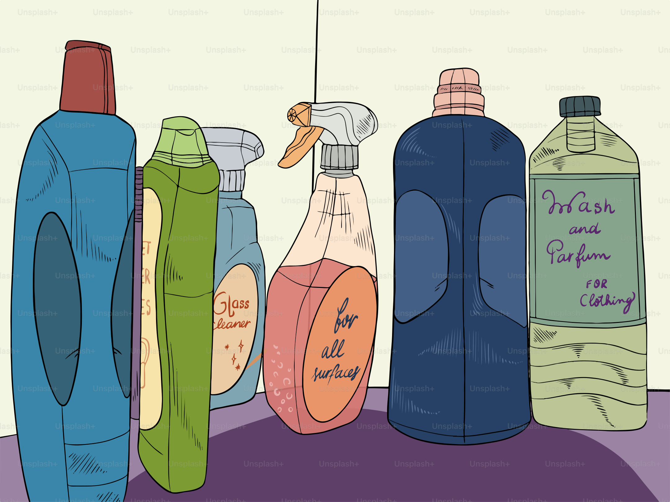 A group of bottles of different types of cleaning products
