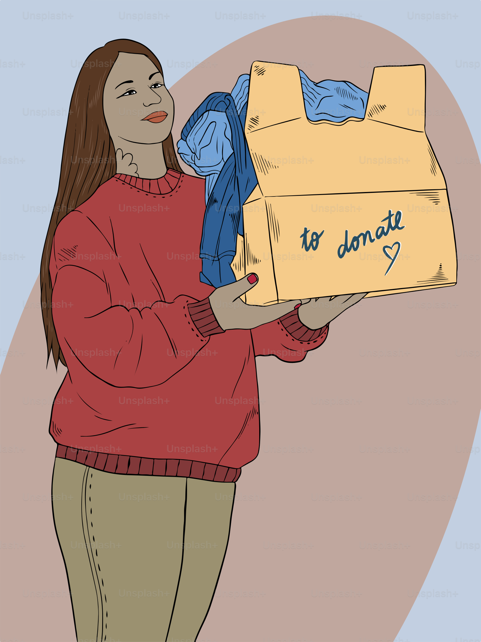 A woman holding a box with clothes in it