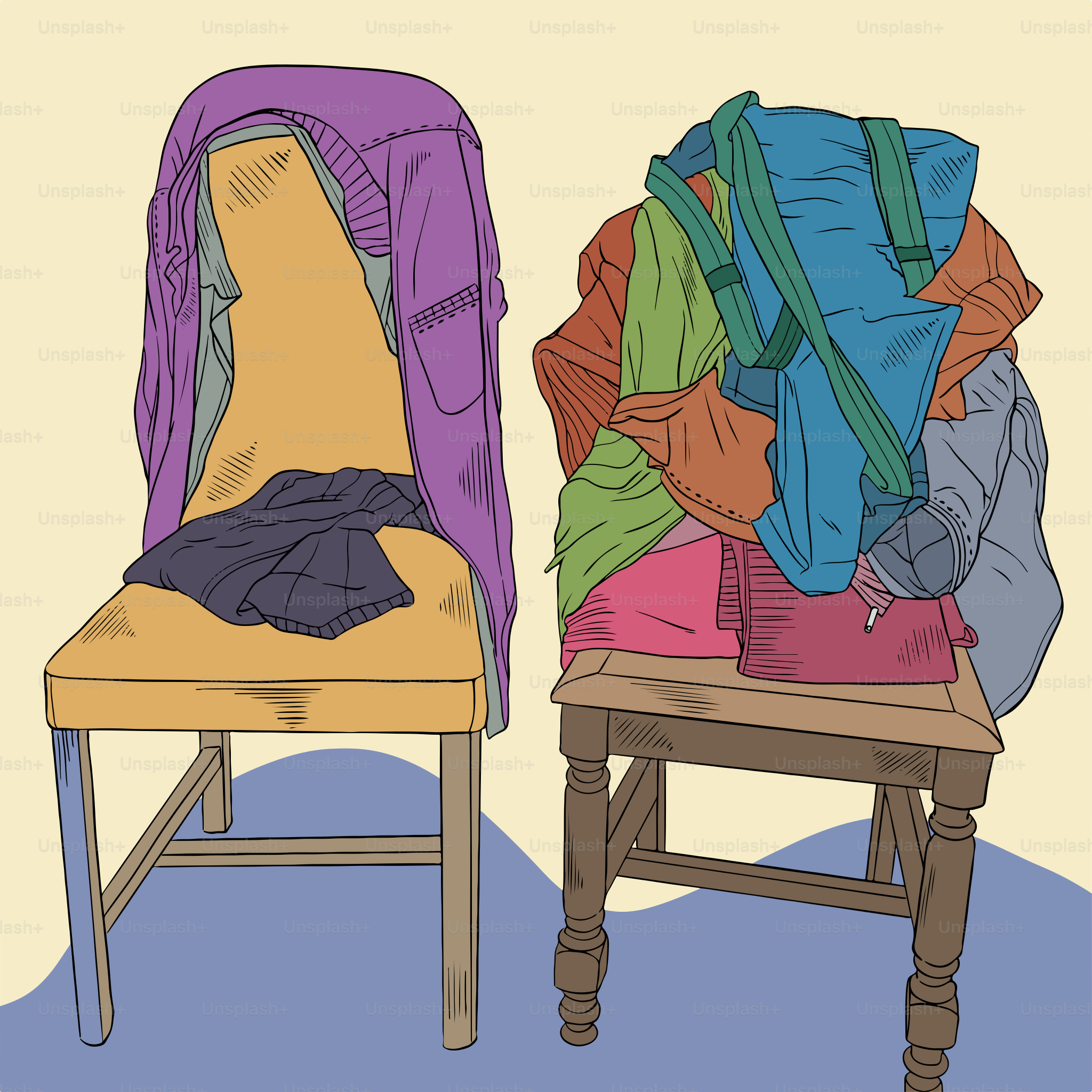 A chair with a pile of clothes on top of it