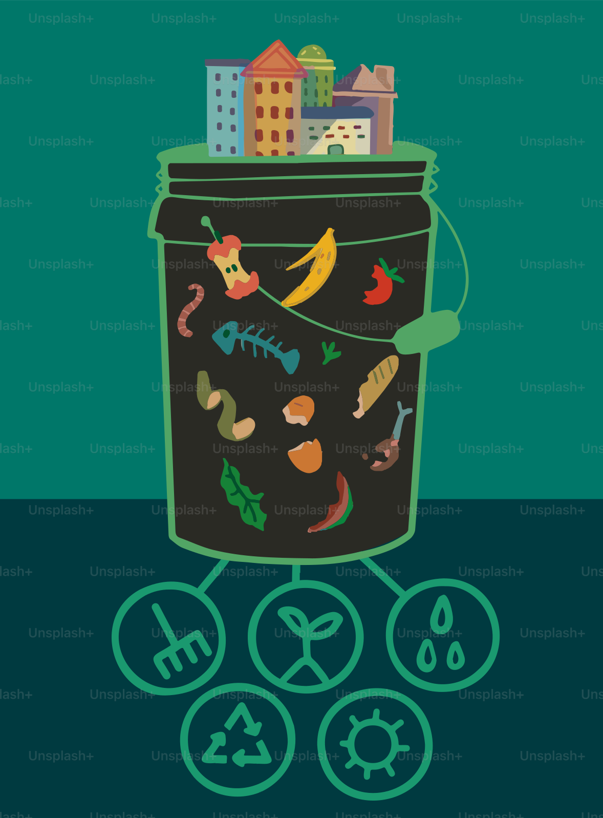 A trash can with a city in the background