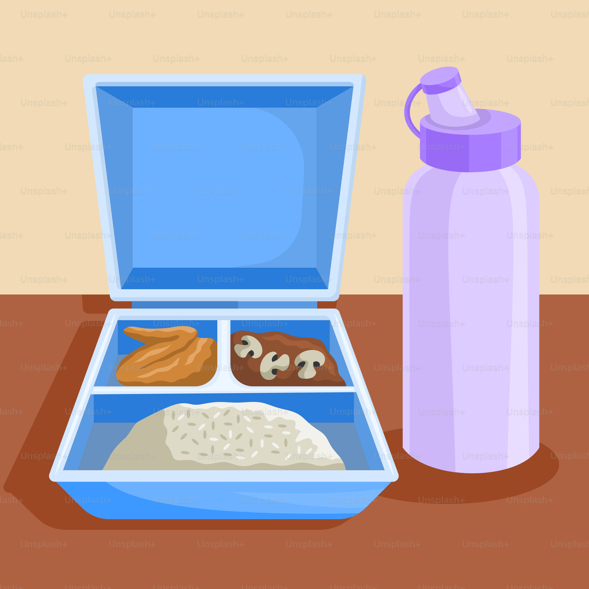 A lunch box with a water bottle next to it