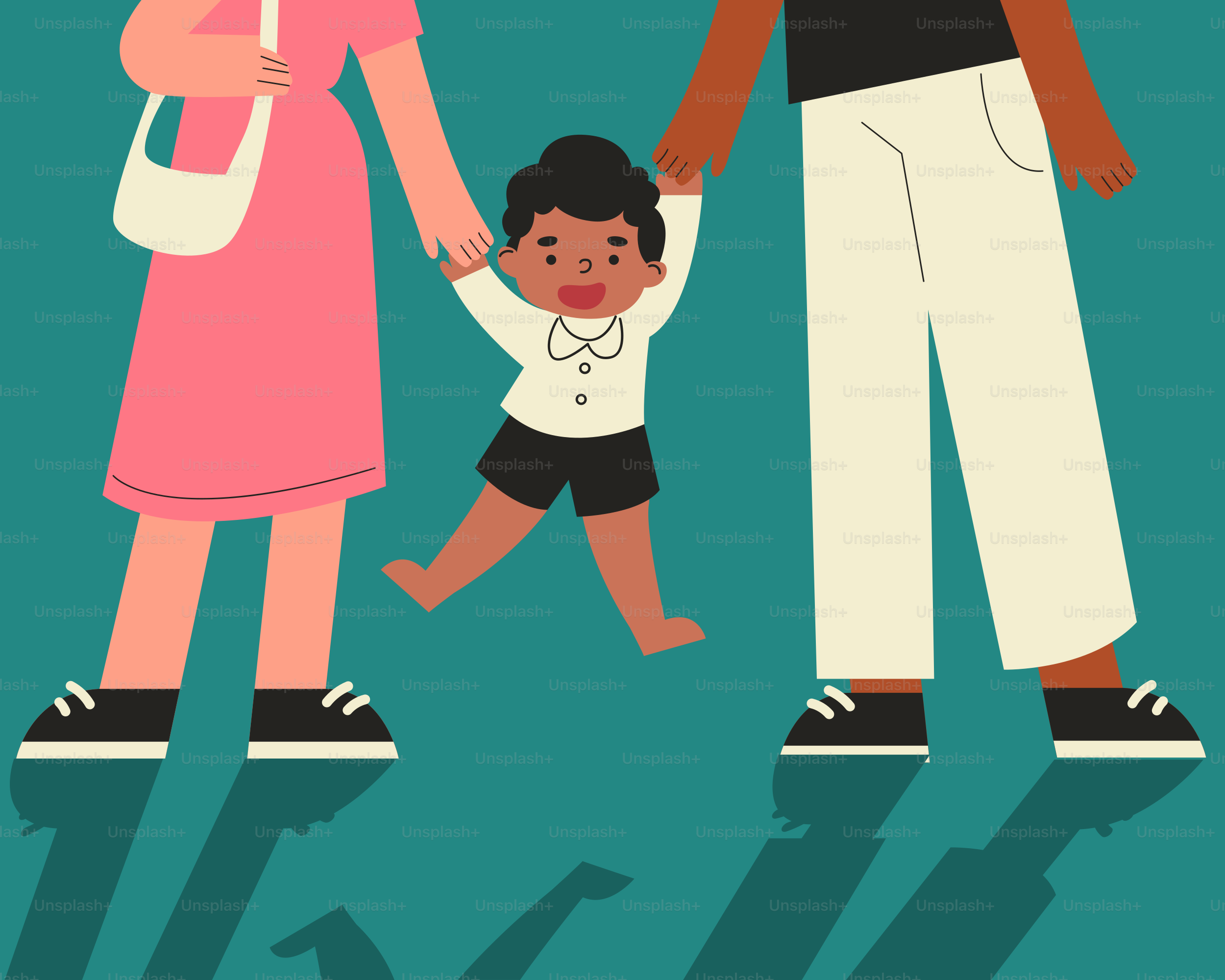 A man and woman holding hands with a child