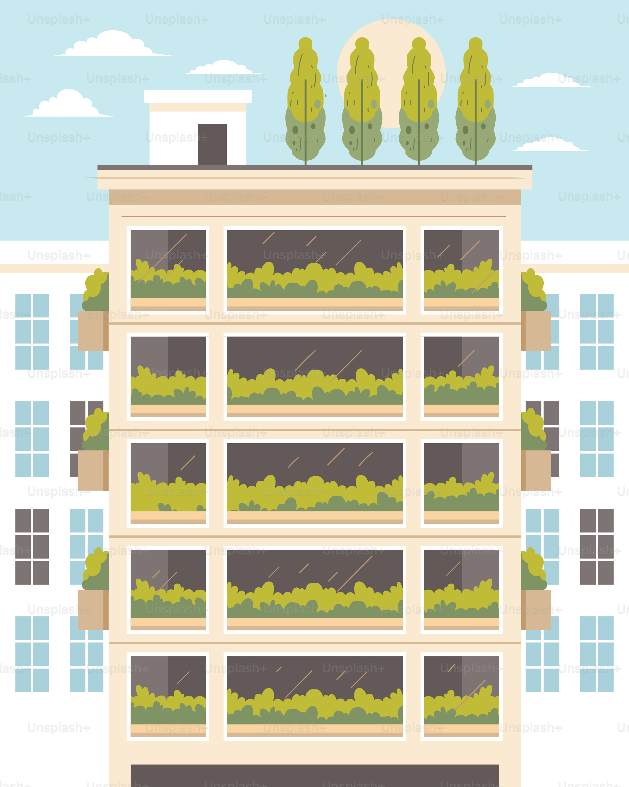 A tall building with a bunch of plants on top of it