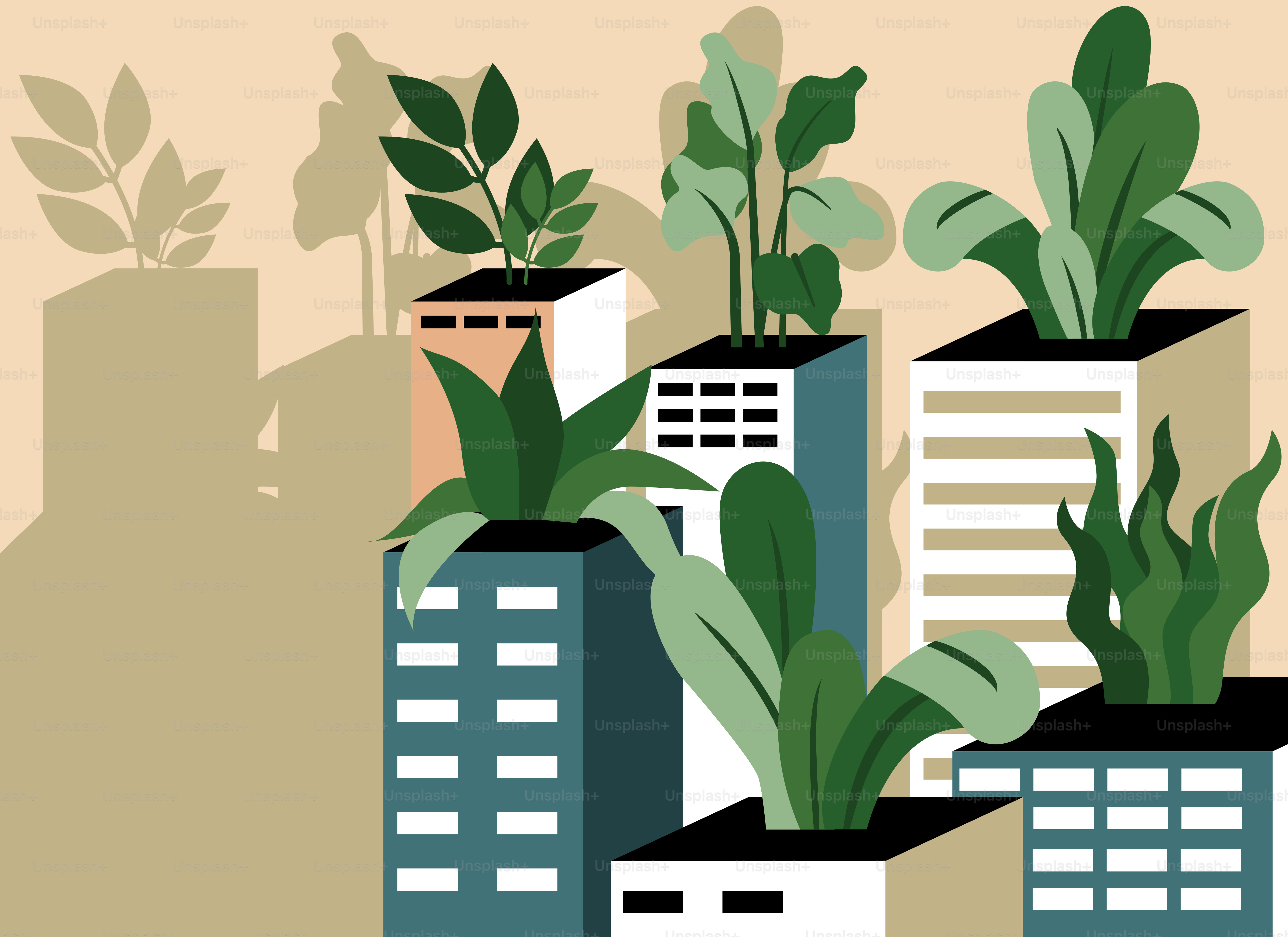 A group of buildings with plants growing out of them