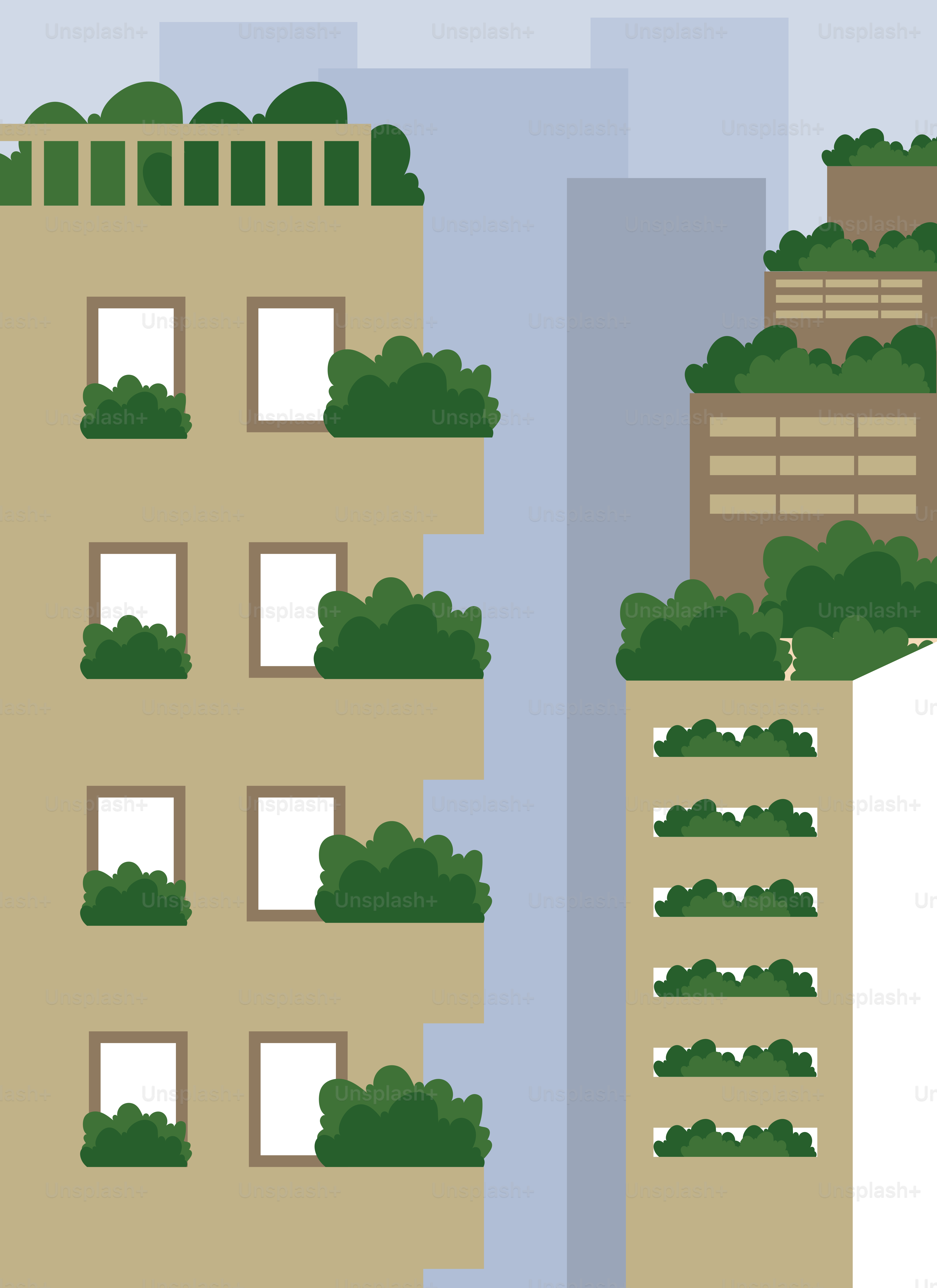 A tall building with lots of windows and plants growing on it