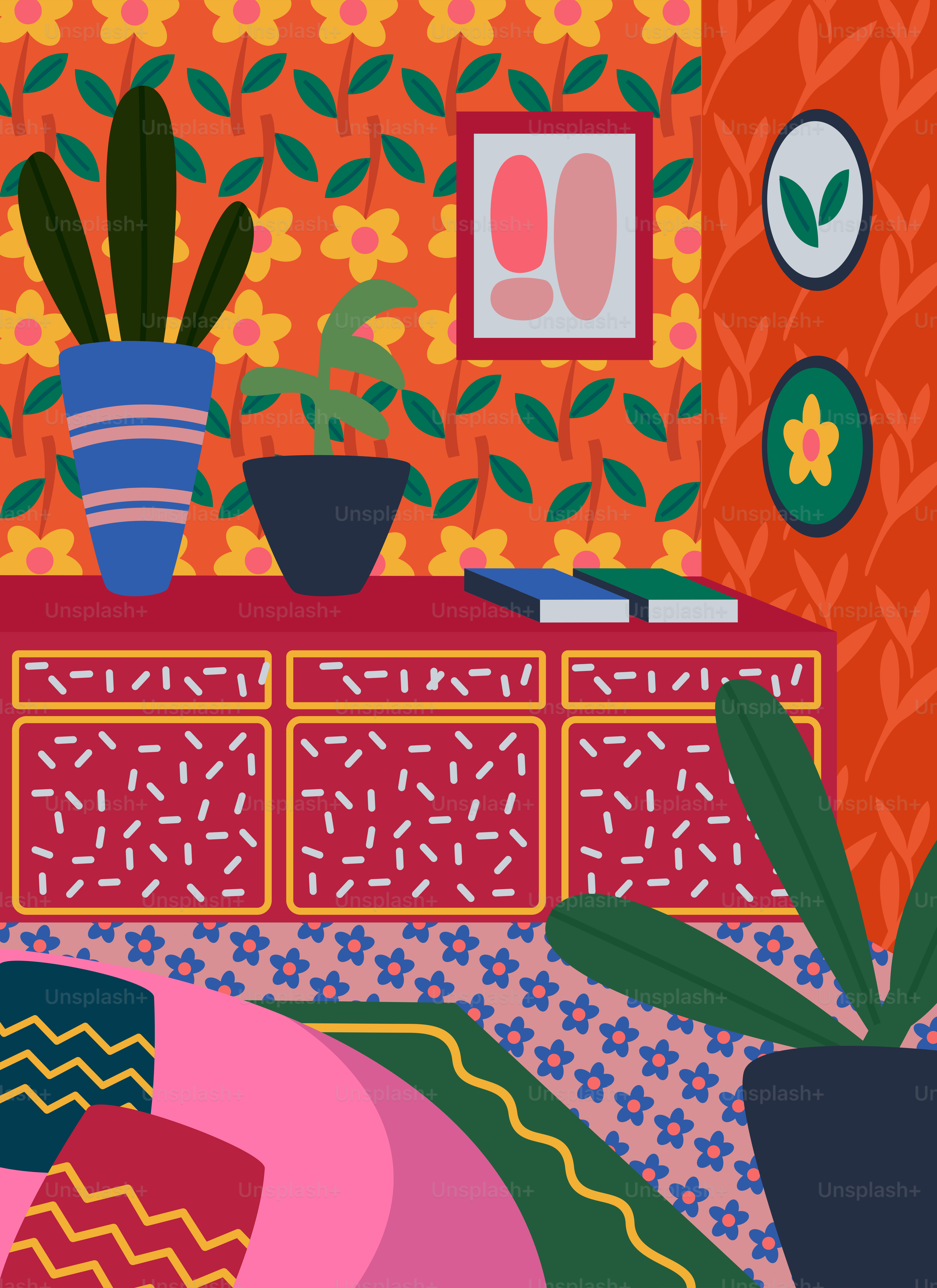 A painting of a living room filled with furniture