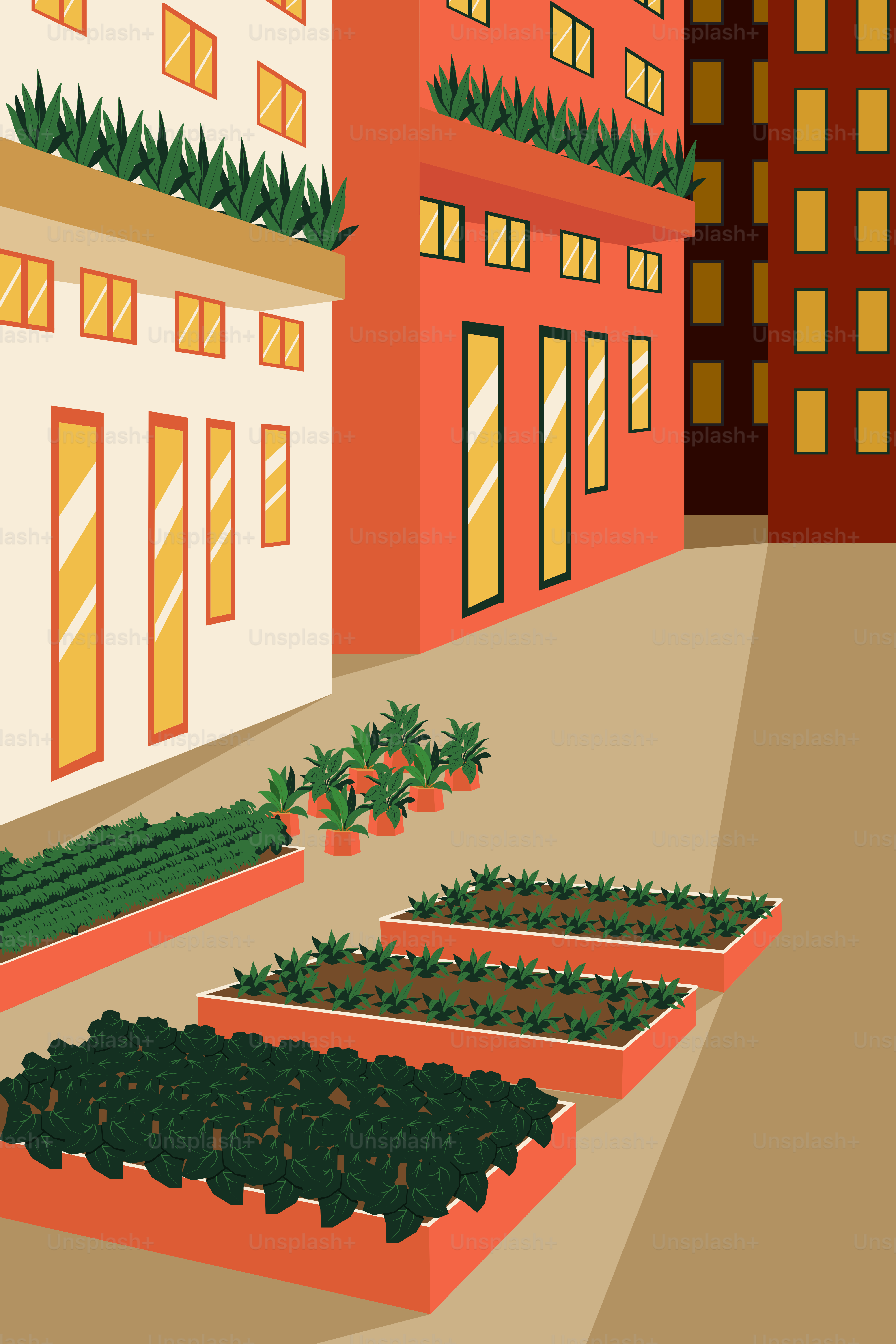 A painting of a building with a garden in front of it