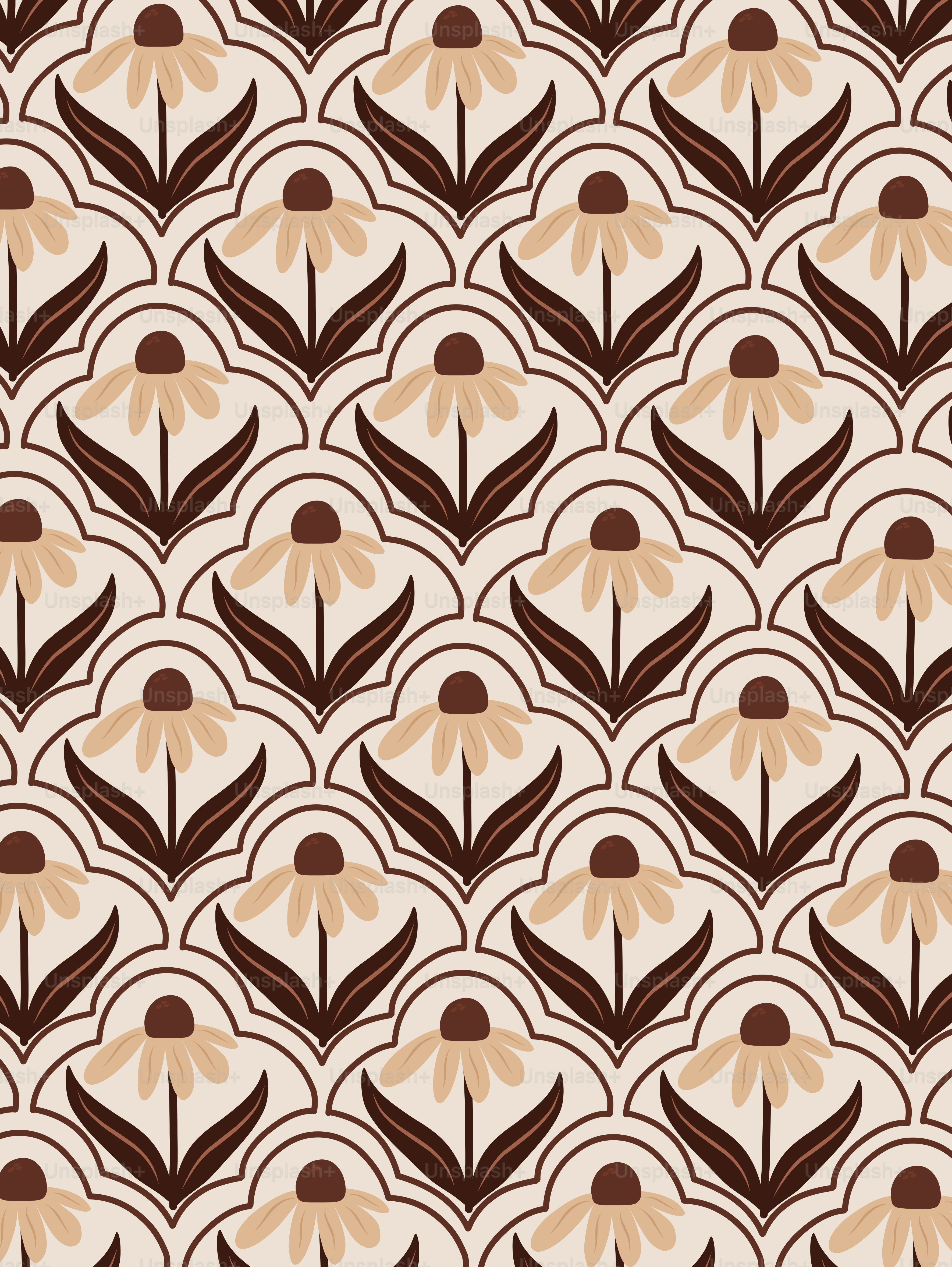 Um papel de parede marrom e branco com padrão floral