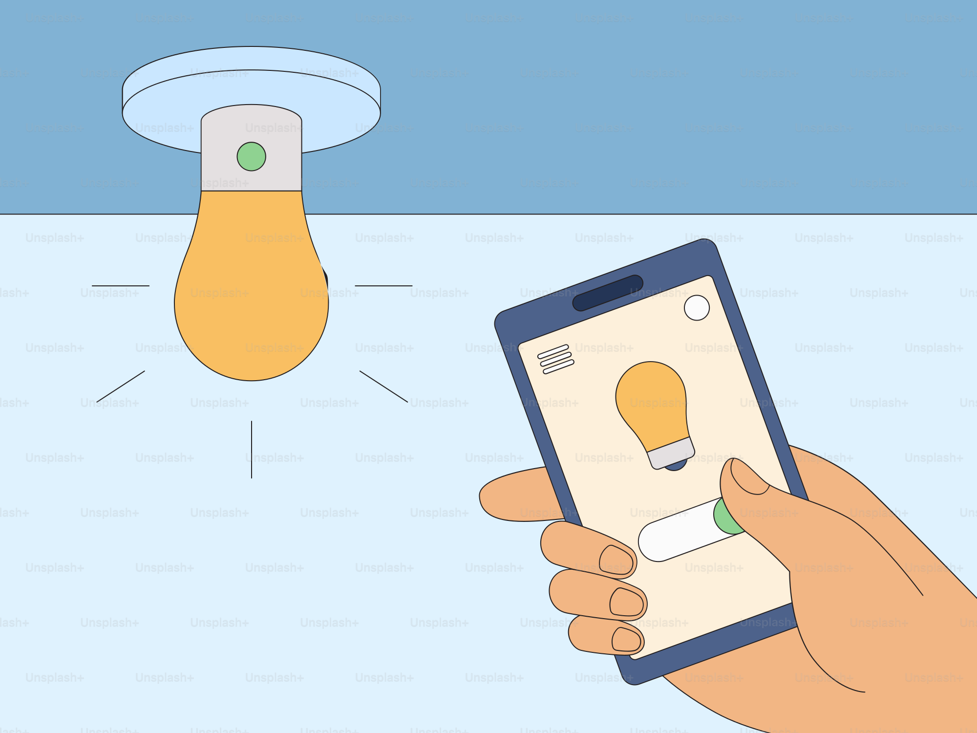 Une main tenant un téléphone intelligent devant une ampoule