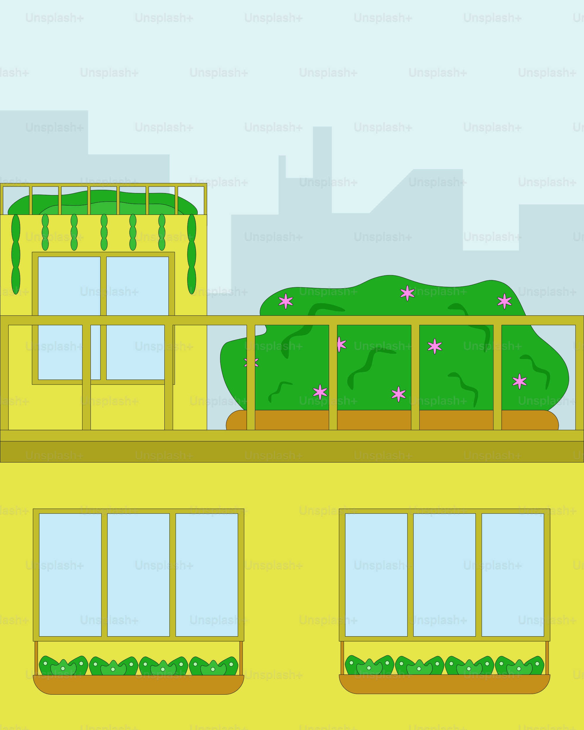 A yellow building with a green tree on top of it